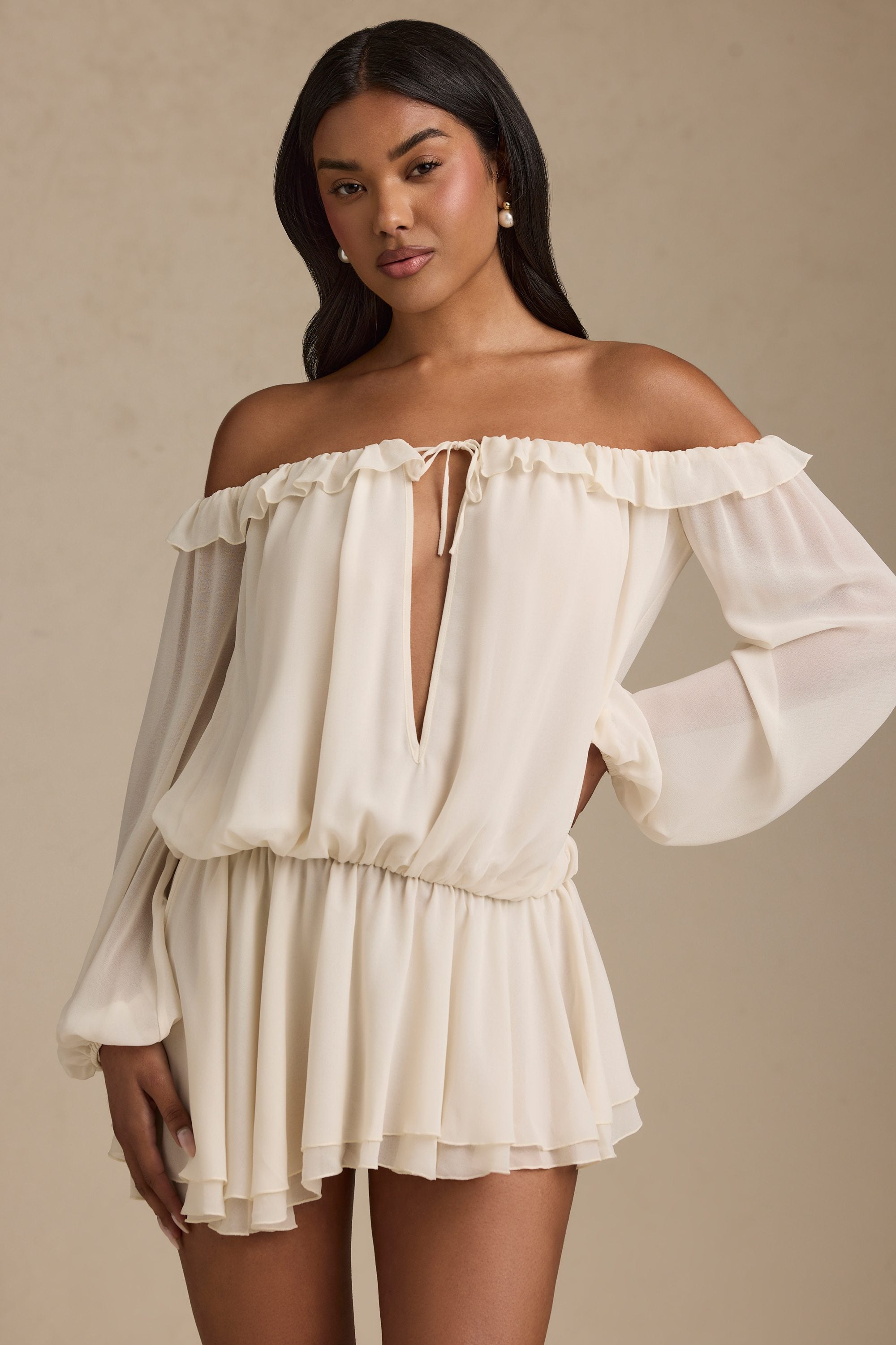 Solana Off-Shoulder Asymmetric Balloon-Sleeve Mini Dress in Ivory - Image 4