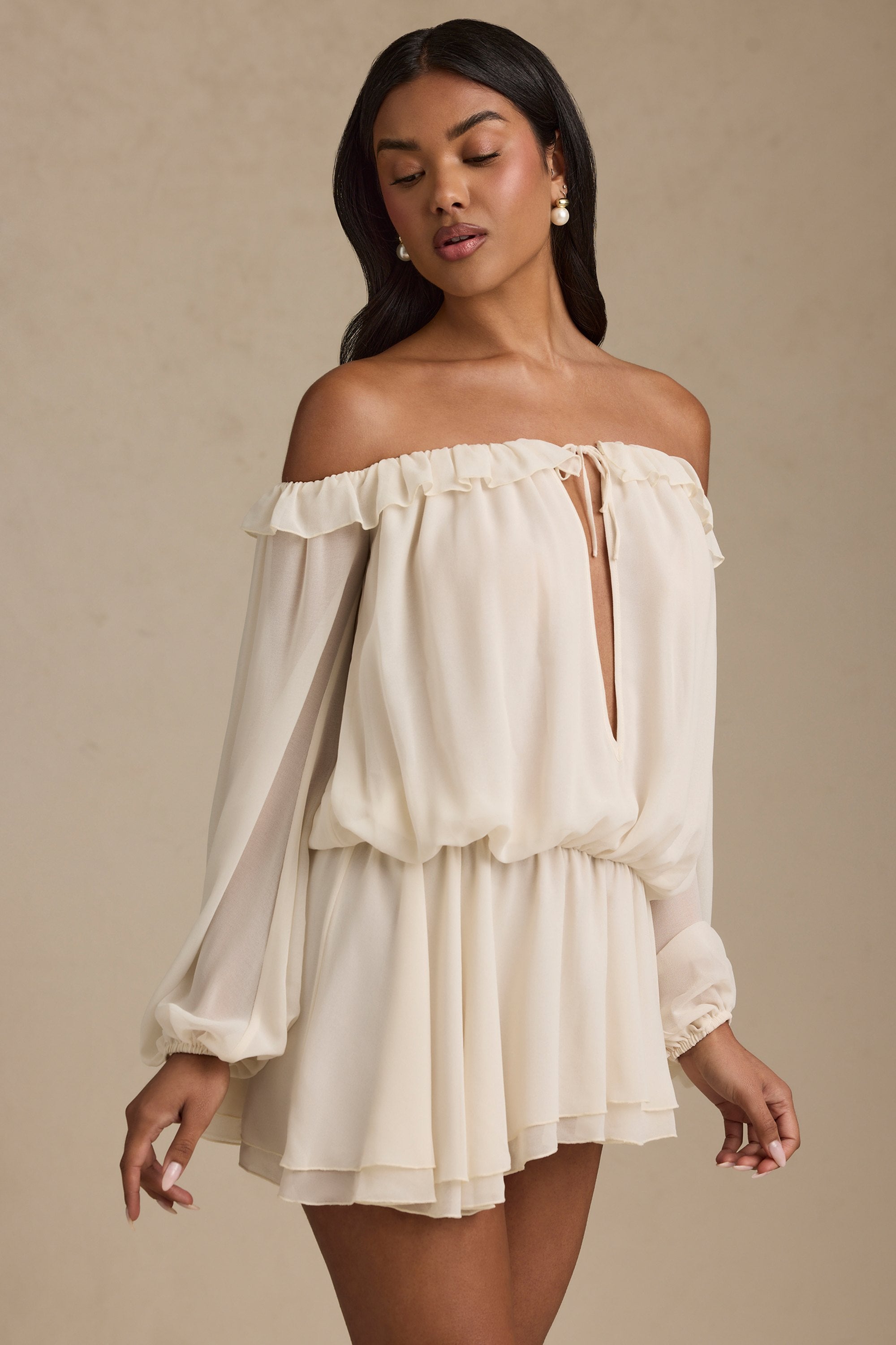 Solana Off-Shoulder Asymmetric Balloon-Sleeve Mini Dress in Ivory - Image 5