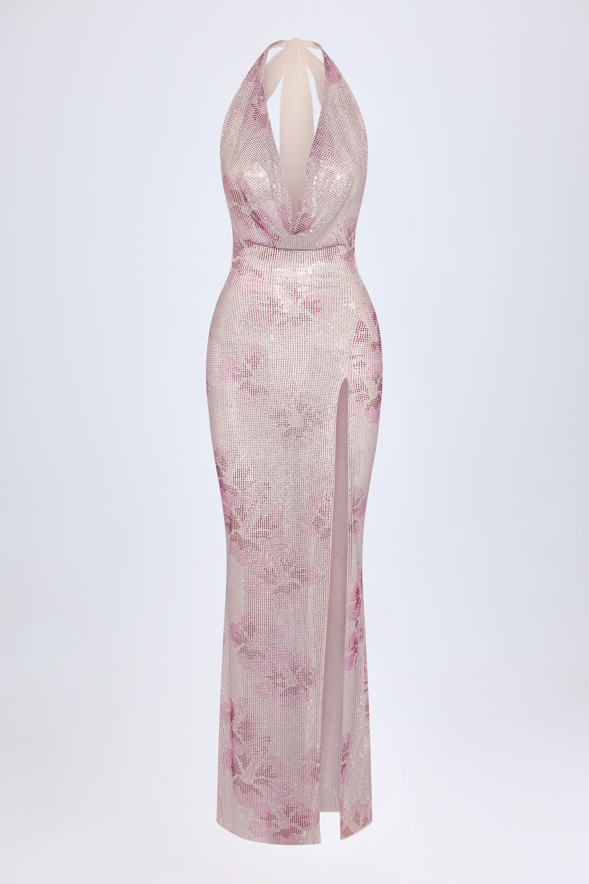 Soleya Embellished Cowl-Neck Maxi Dress in Pink and White Hotfix - Image 3