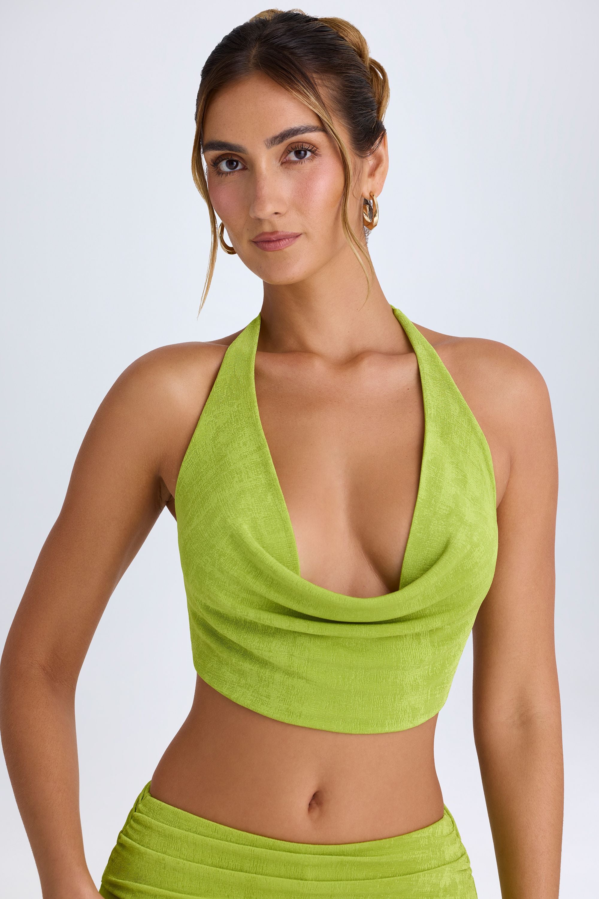 Sonia Cowl-Front Halterneck Crop Top in Pear Green - Image 7