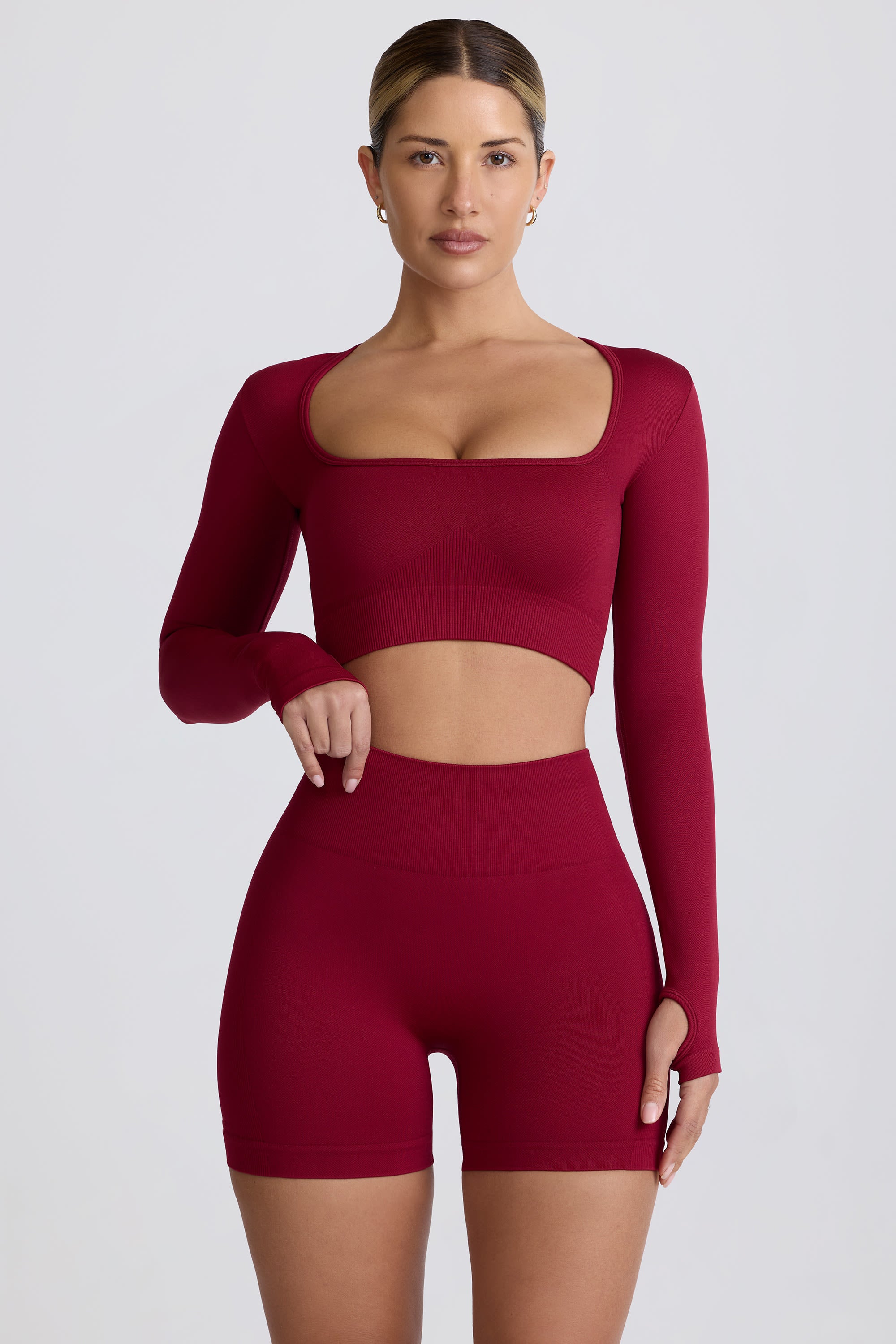 Super Sculpt Seamless Long-Sleeve Crop Top in Burgundy - Image 8