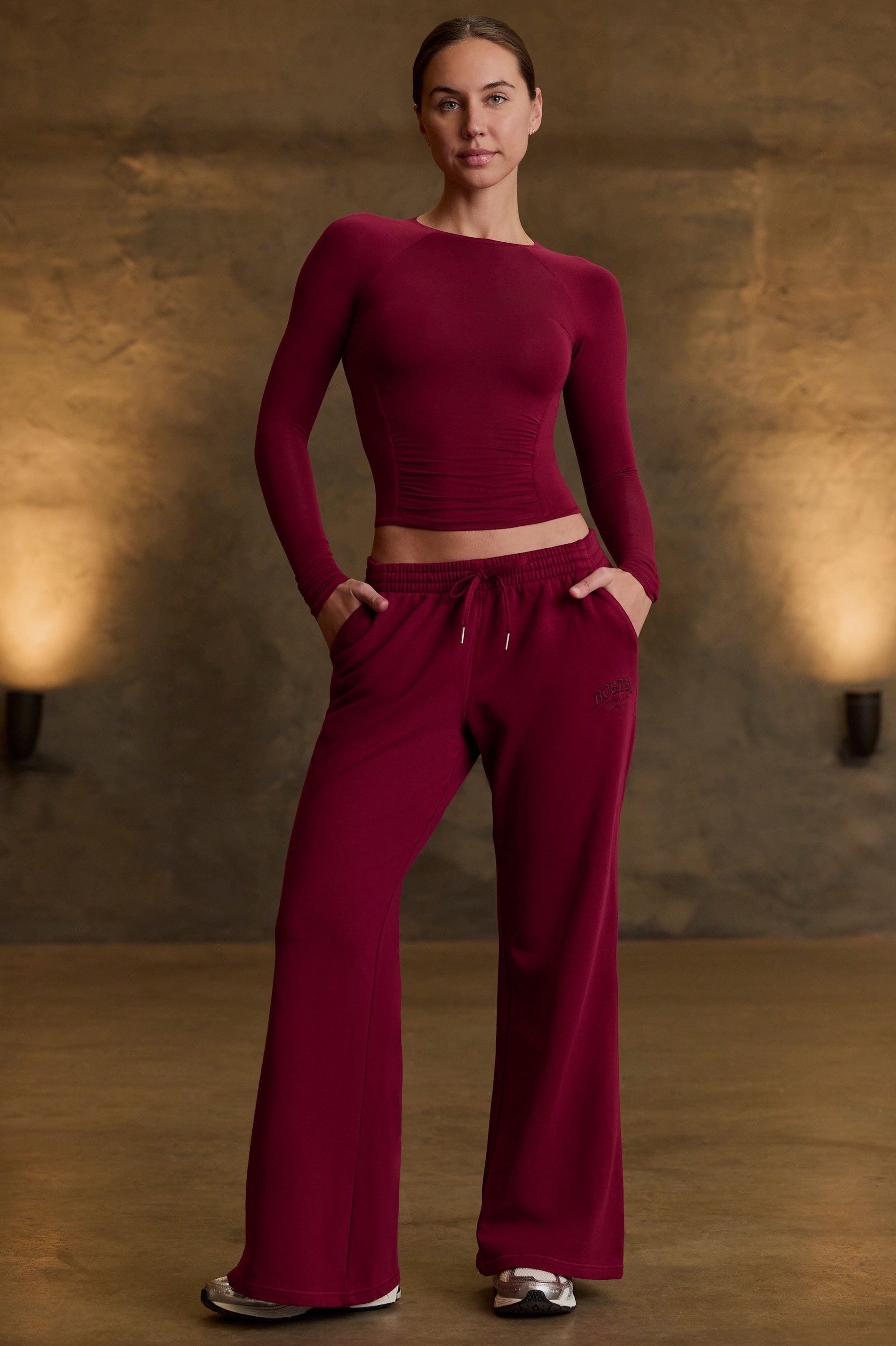 Low-Rise Wide-Leg Joggers in Burgundy - Image 2