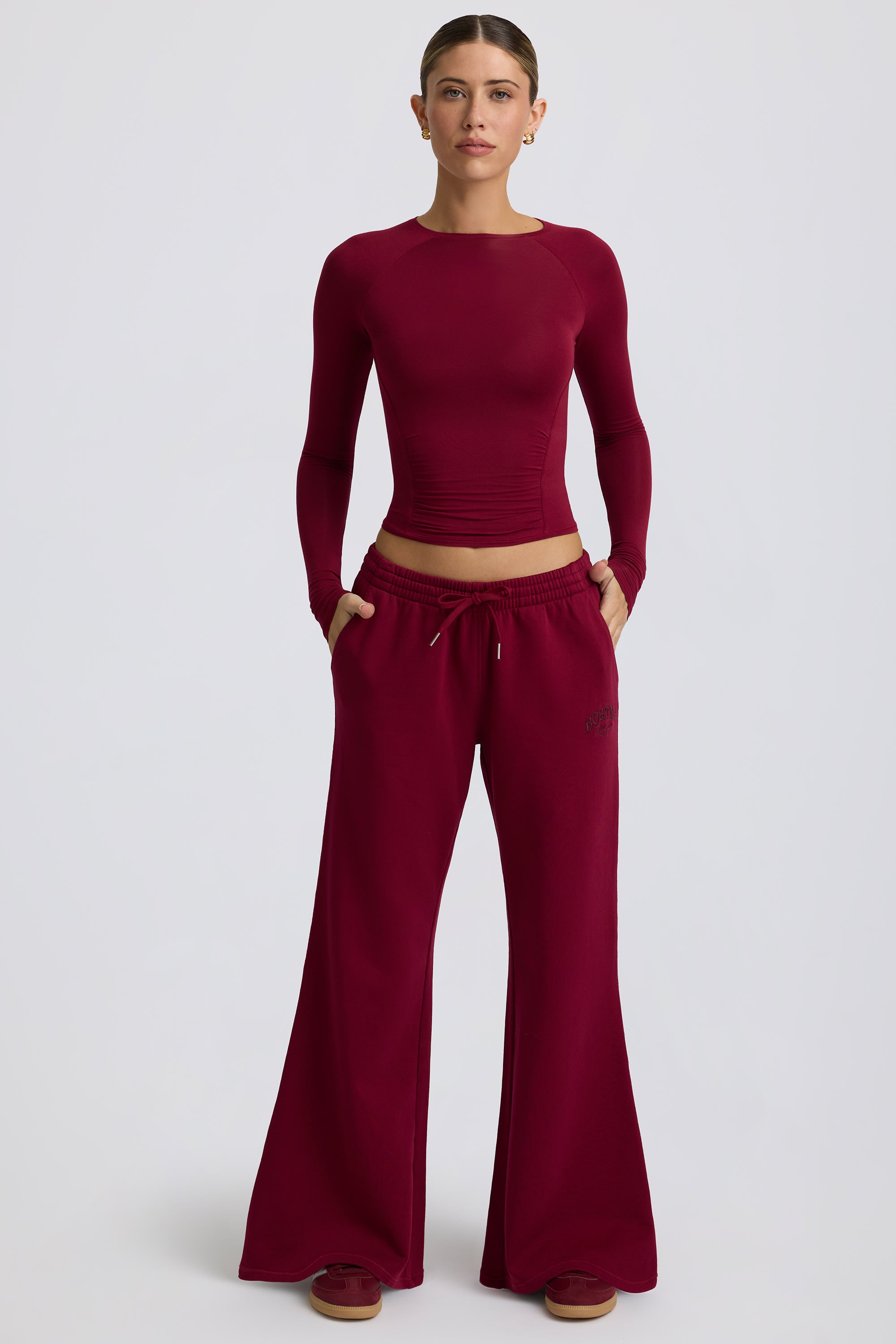 Low-Rise Wide-Leg Joggers in Burgundy - Image 6