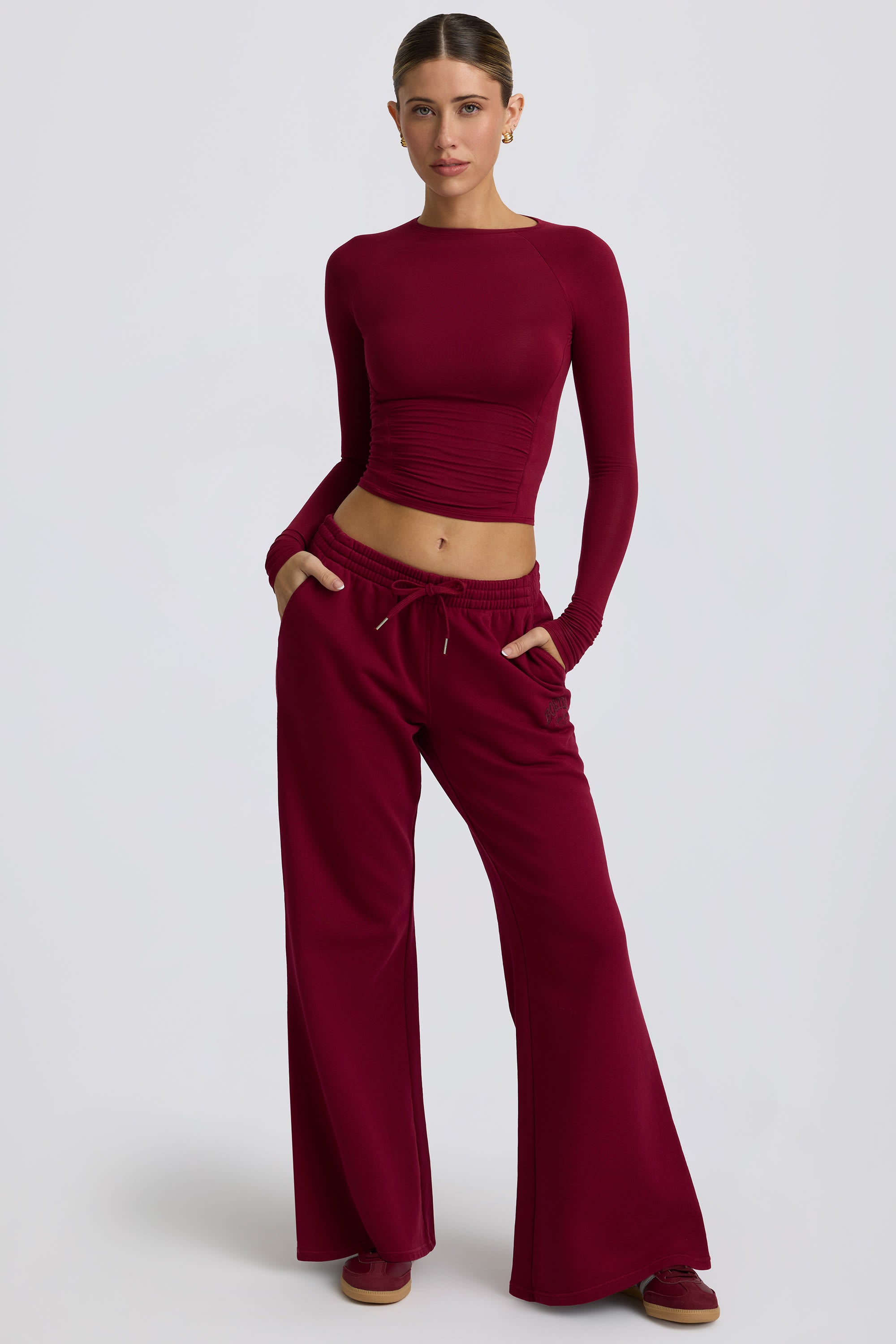 Low-Rise Wide-Leg Joggers in Burgundy - Image 7