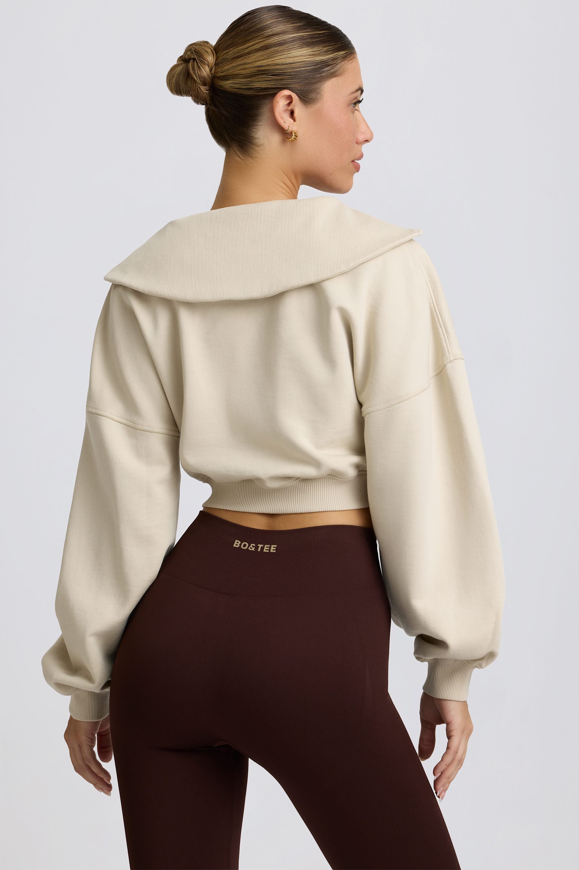 Quarter-Zip Cropped Sweatshirt in Bone - Image 3