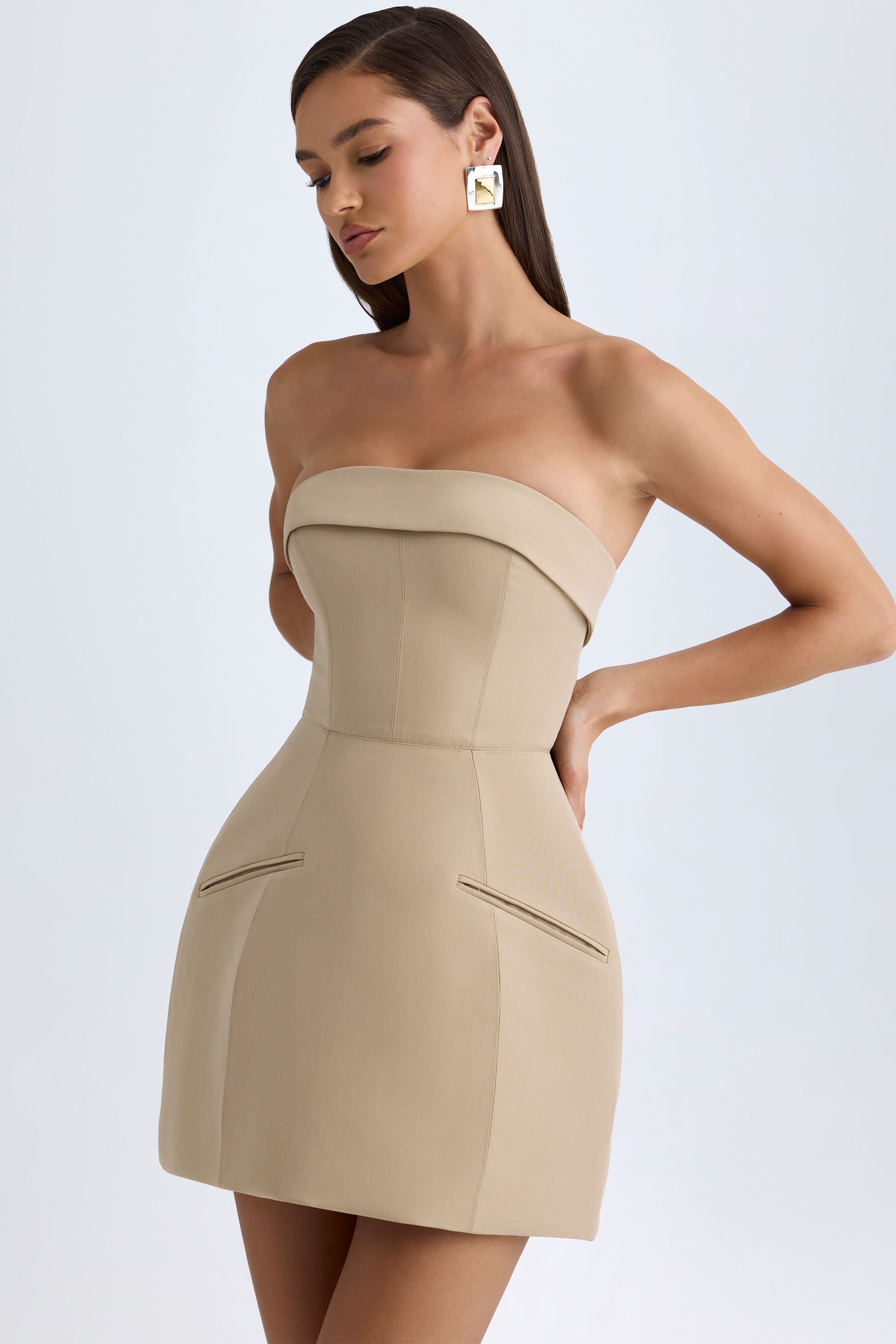 Taia Foldover-Neck Structured Tulip Mini Dress in Camel
