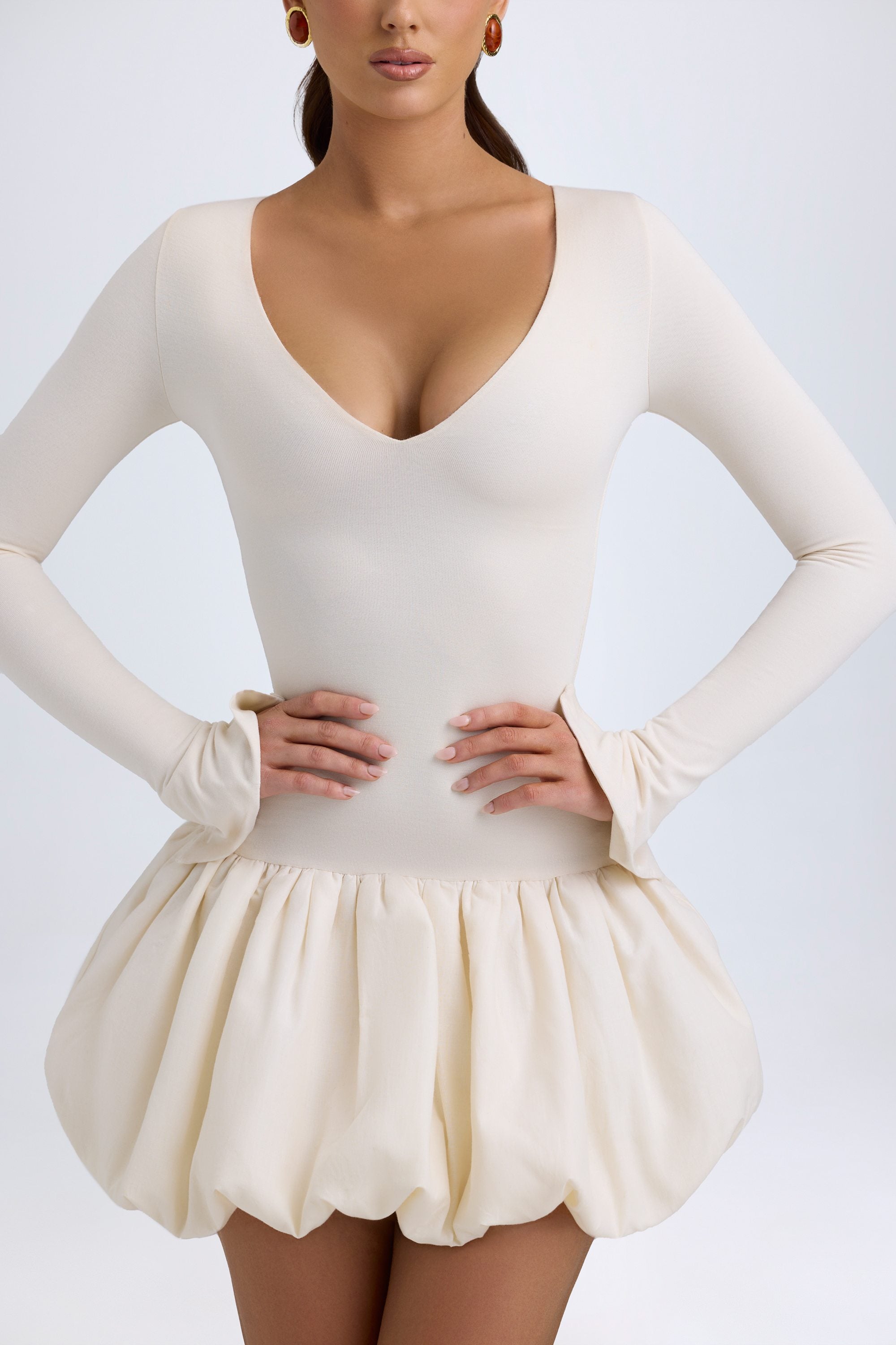 Tallou Modal Drop-Waist Bubble Hem Mini Dress in Ivory - Image 4