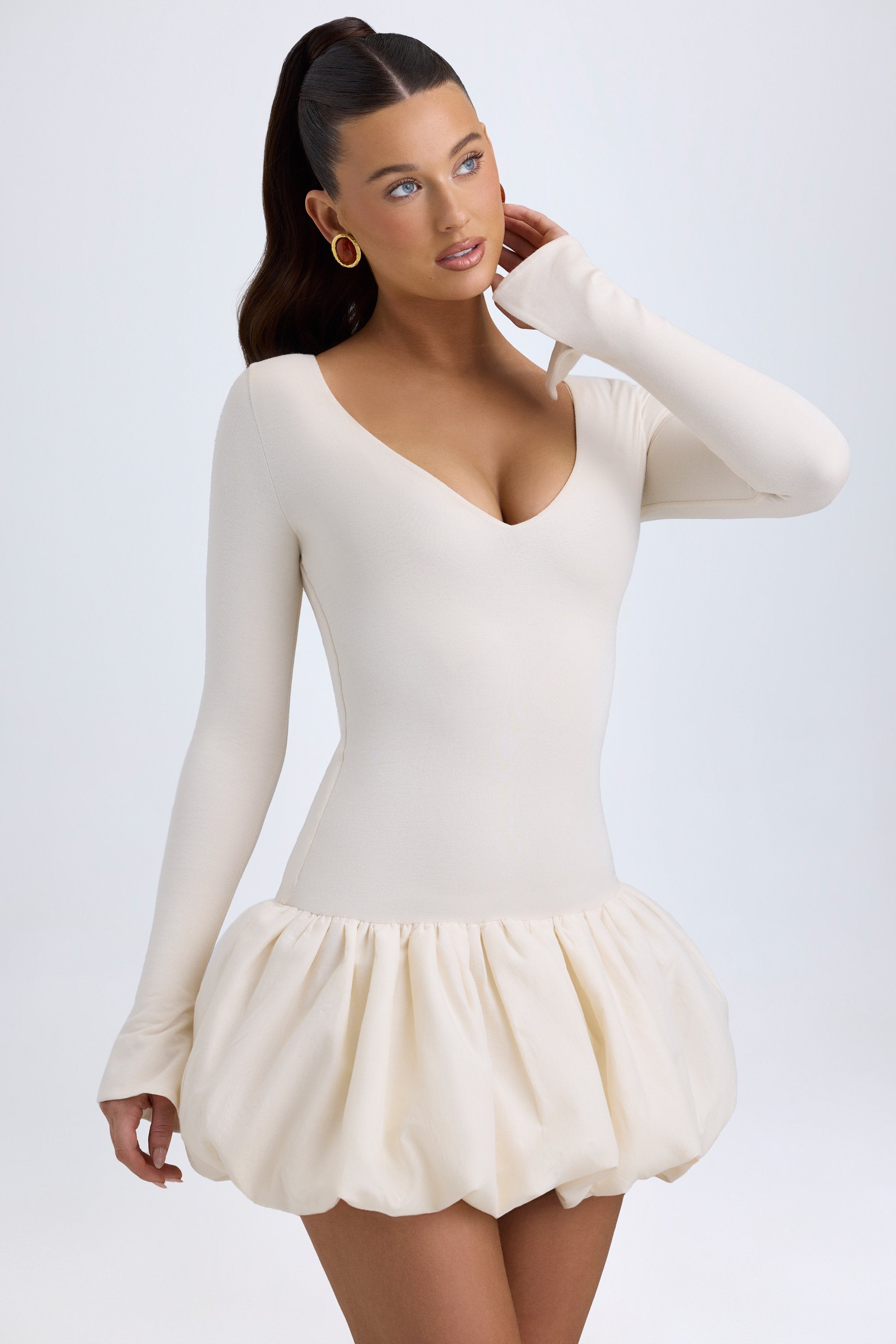 Tallou Modal Drop-Waist Bubble Hem Mini Dress in Ivory - Image 6