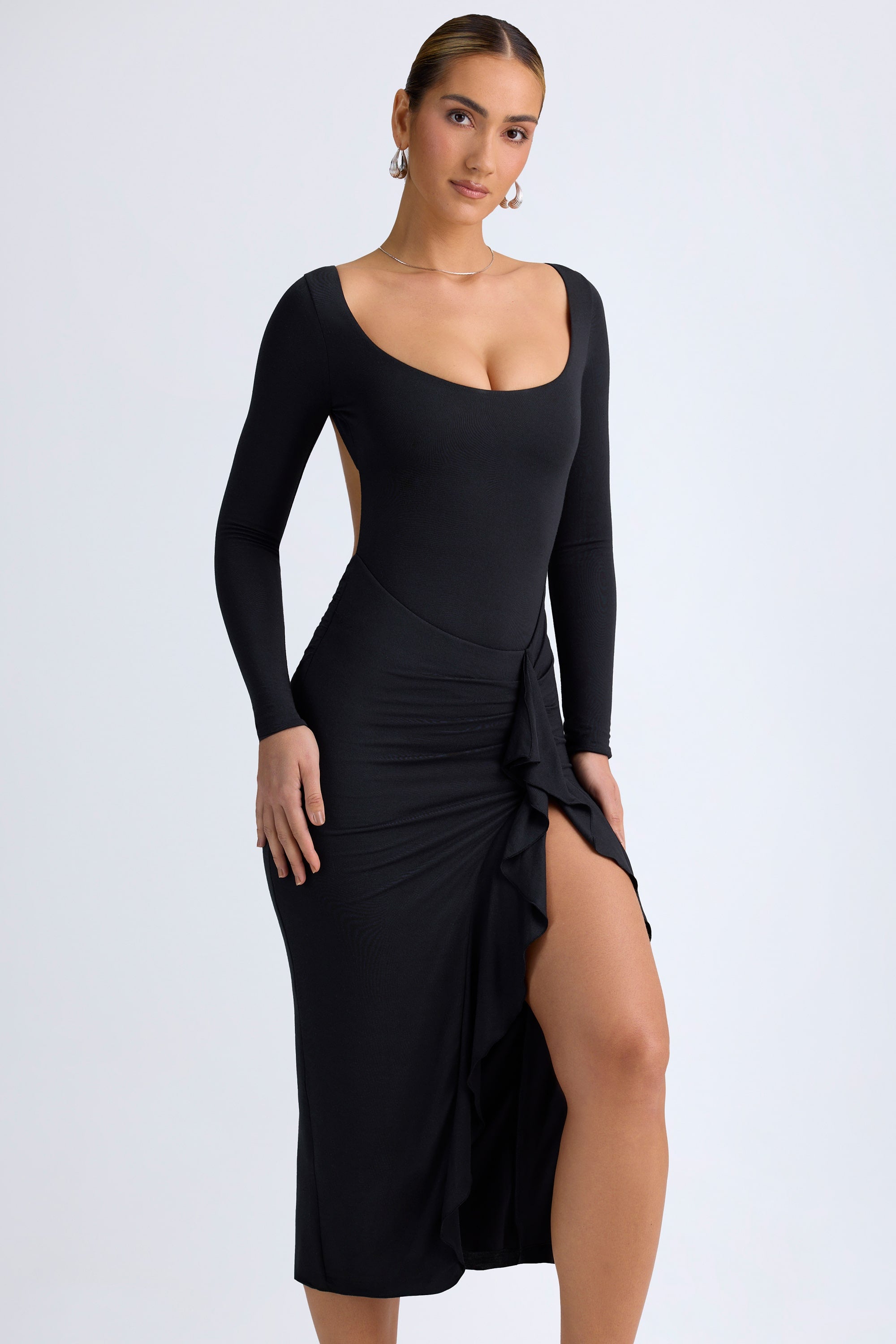 Tarai Modal Ruffled Midaxi Dress in Black