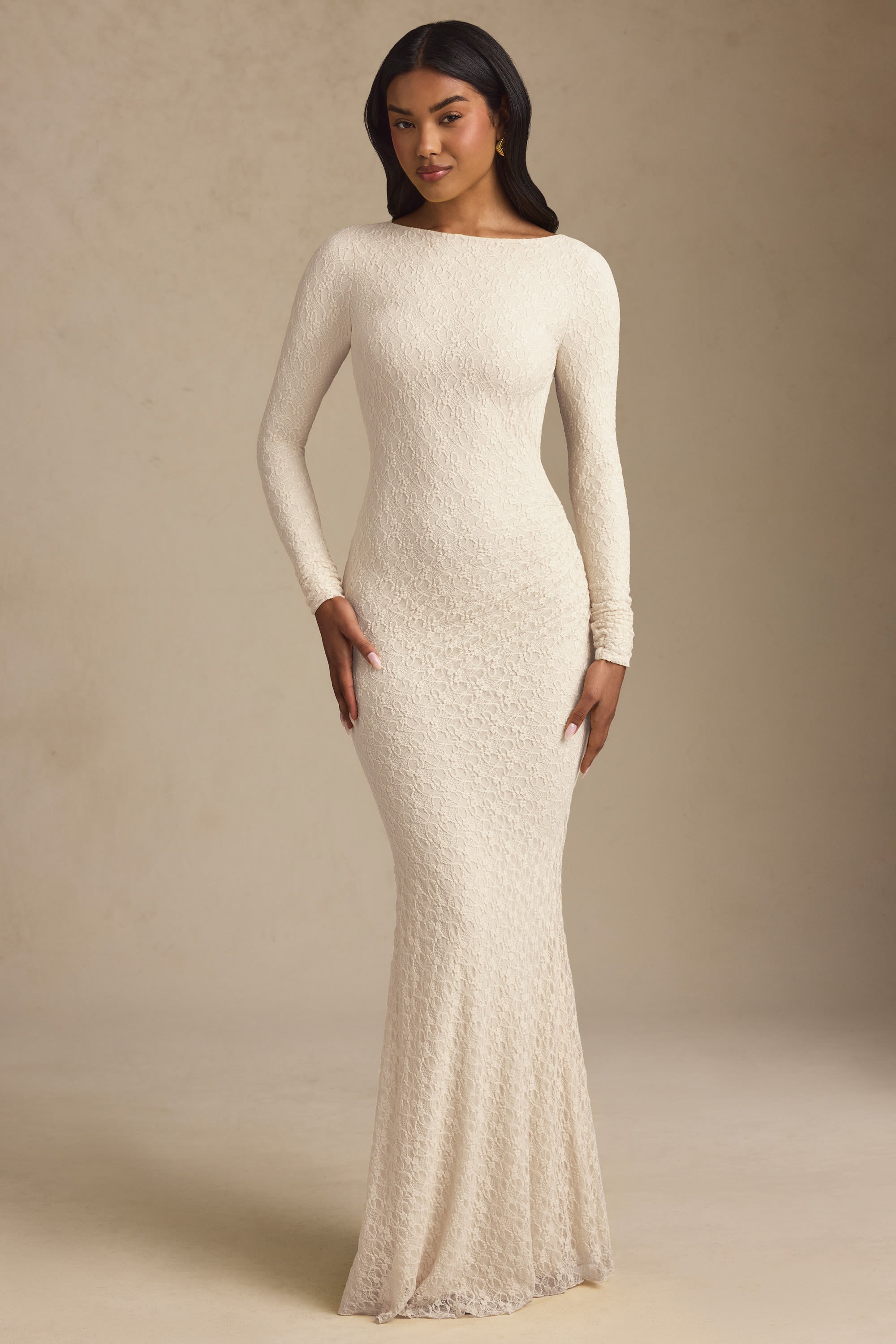 Tarini Ruched Backless Lace Maxi Dress in Ivory - Image 2