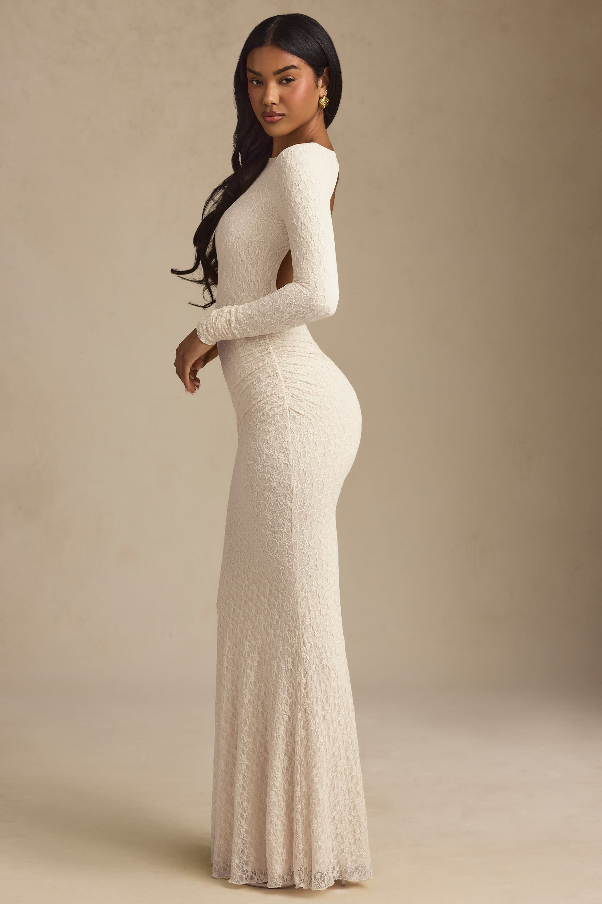 Tarini Ruched Backless Lace Maxi Dress in Ivory - Image 3