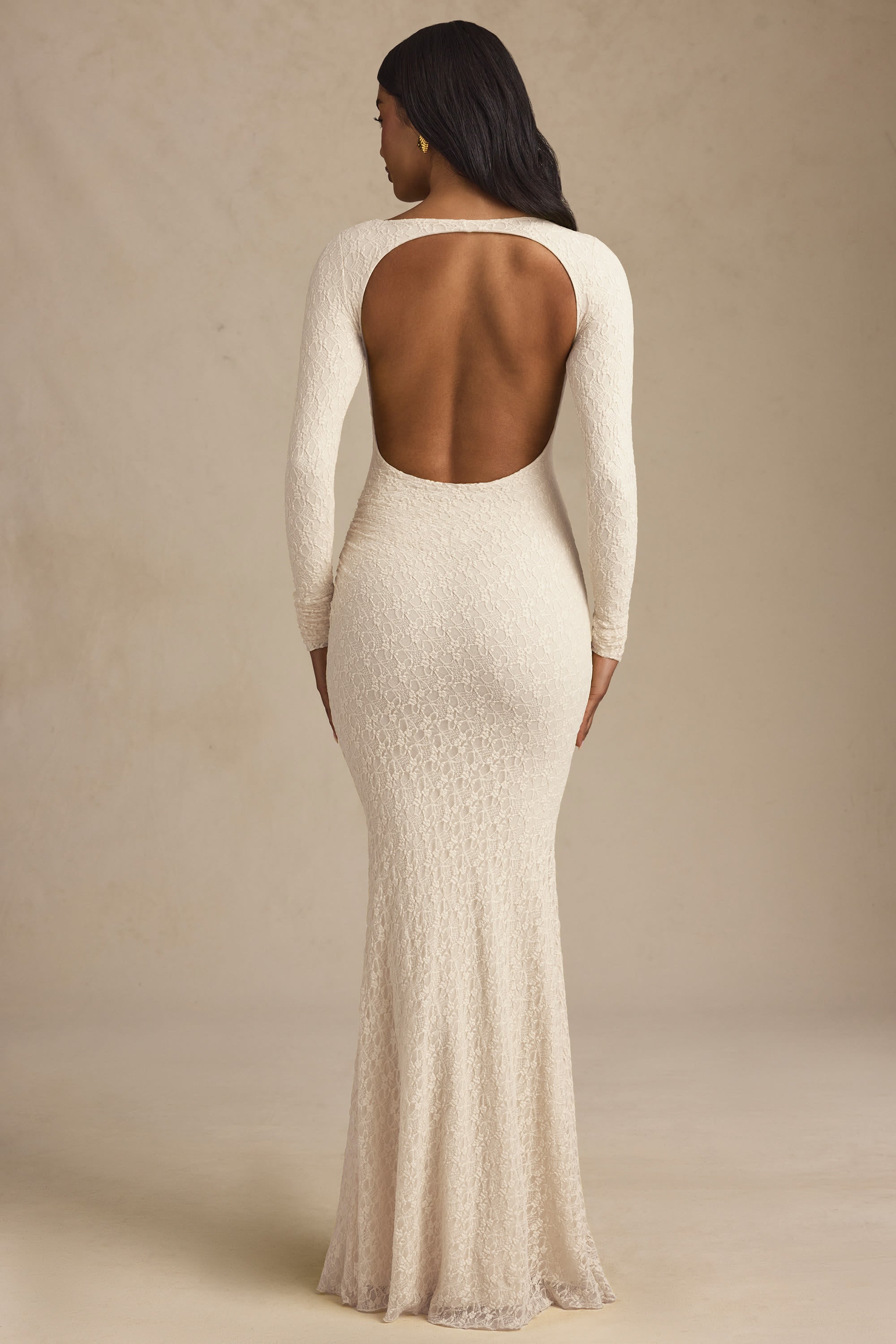 Tarini Ruched Backless Lace Maxi Dress in Ivory - Image 6