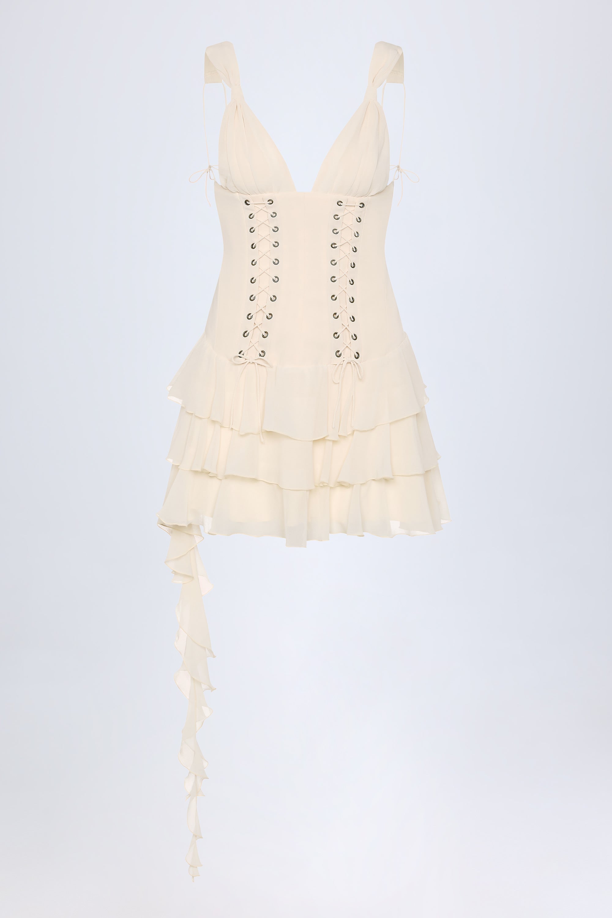 Toren Lace-Up Ruffled Tiered Mini Dress in Ivory