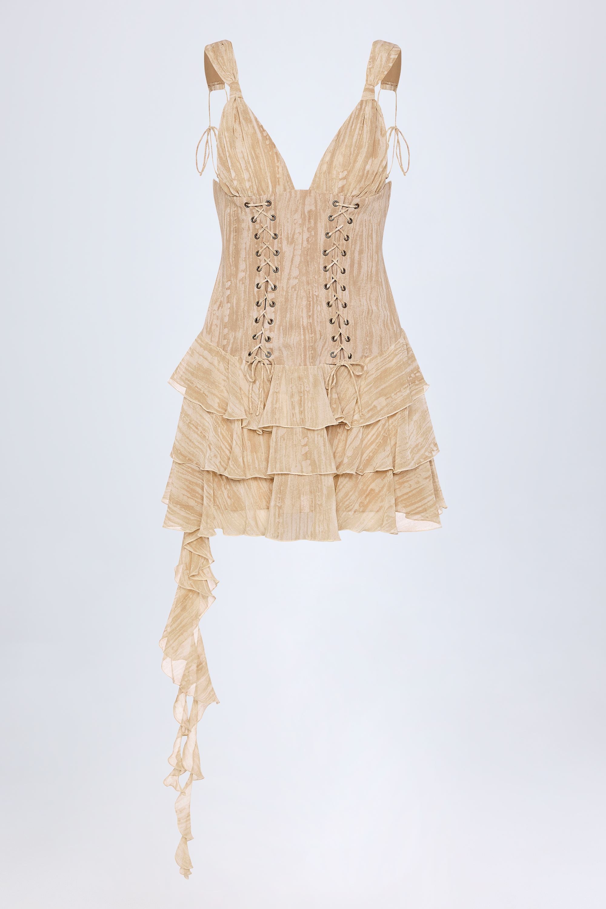 Toren Lace-Up Ruffled Tiered Mini Dress in Tan Print
