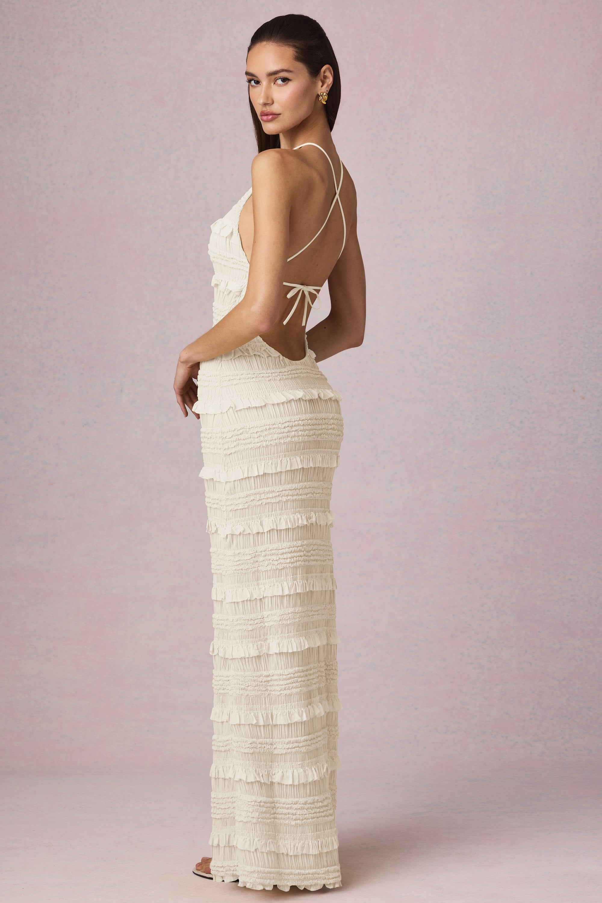 Tove Ruffled Backless Halterneck Maxi Dress in Ivory - Image 6