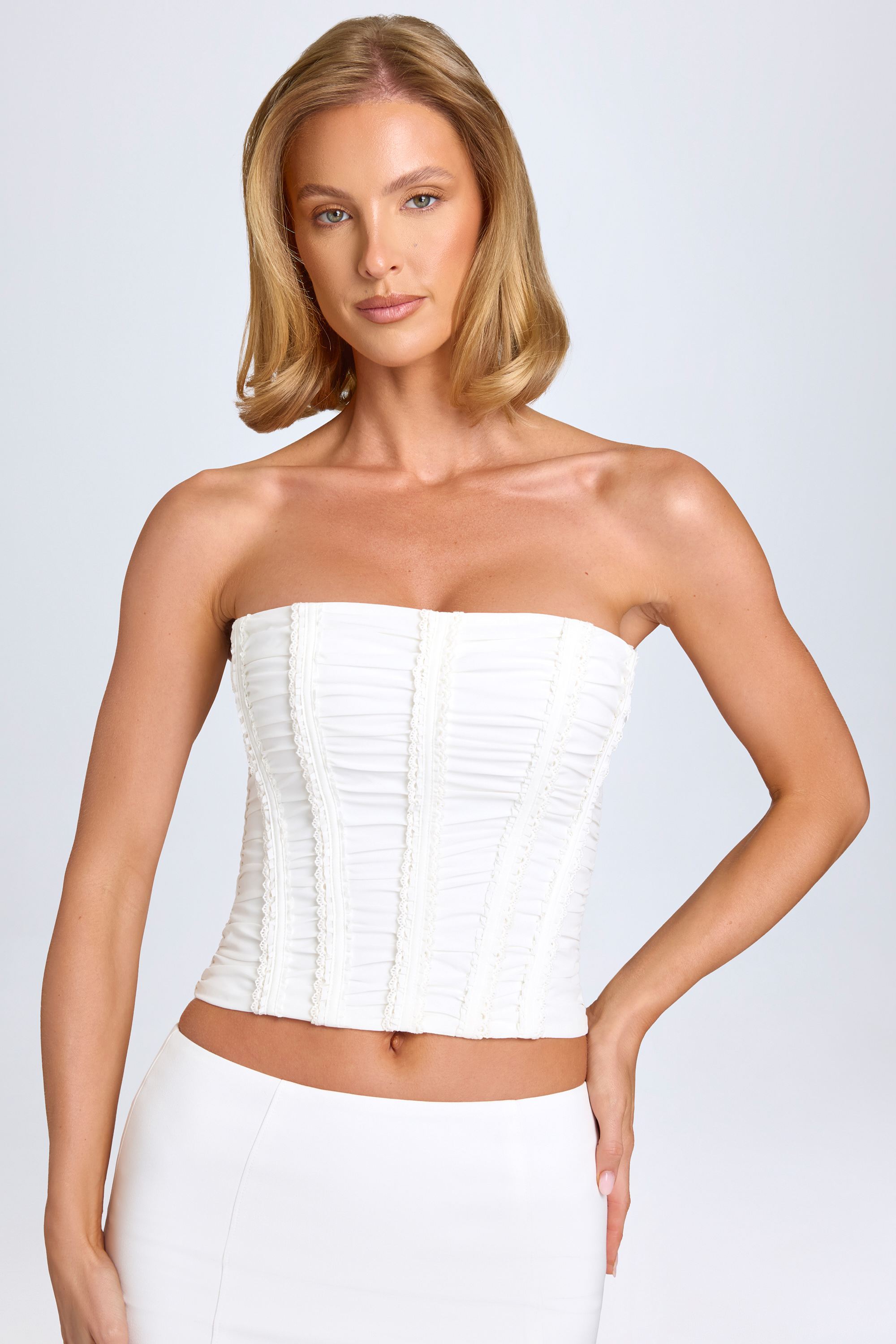 Trova Ruched Lace-Up Corset Top in White