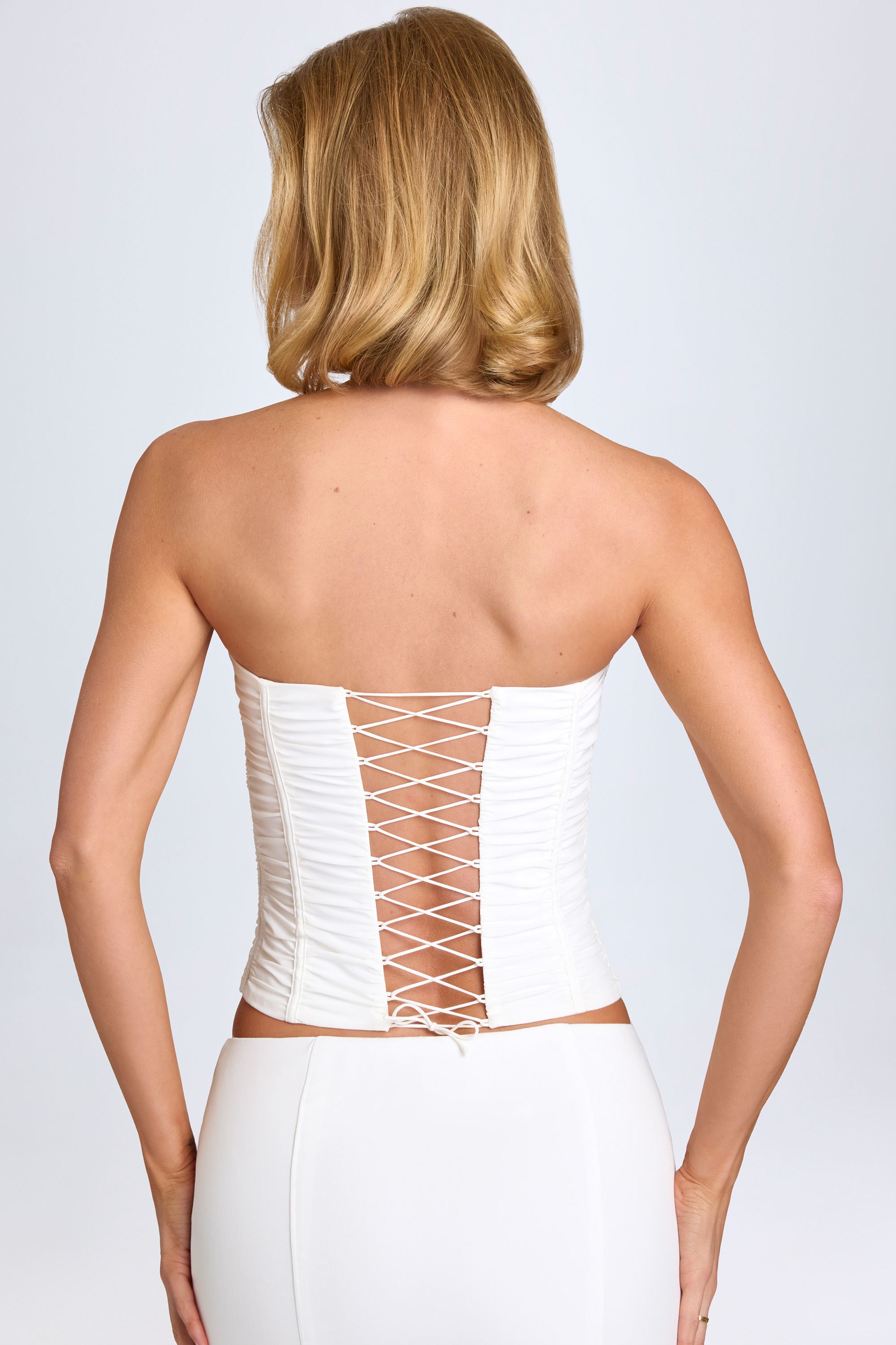 Trova Ruched Lace-Up Corset Top in White - Image 2