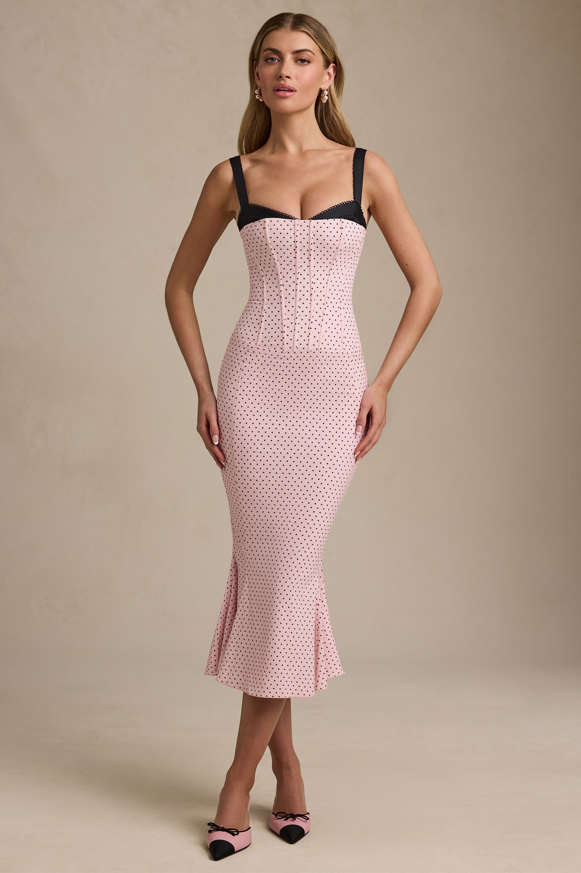 Valentina Layered Bra-Detail Fishtail Midaxi Dress in Pink Polka Dot - Image 9