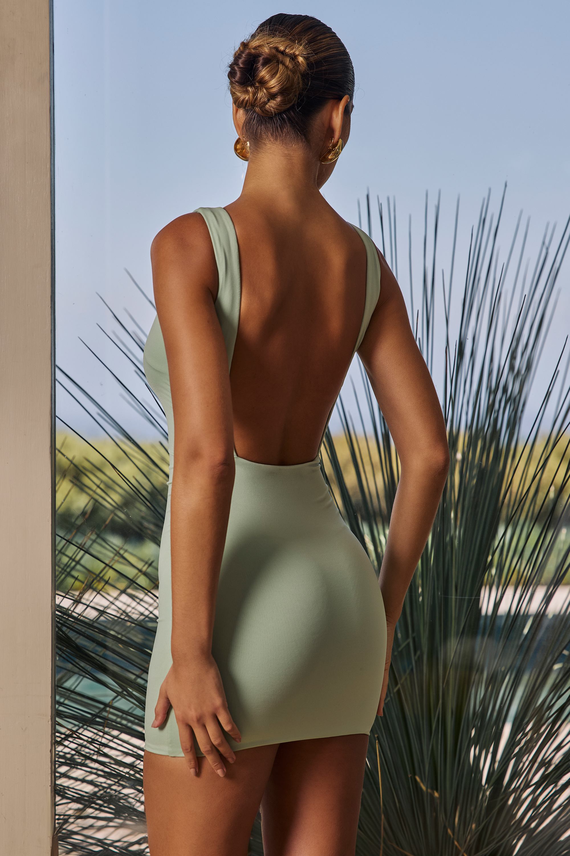 Valetta Draped Open-Back Mini Dress in Green - Image 2
