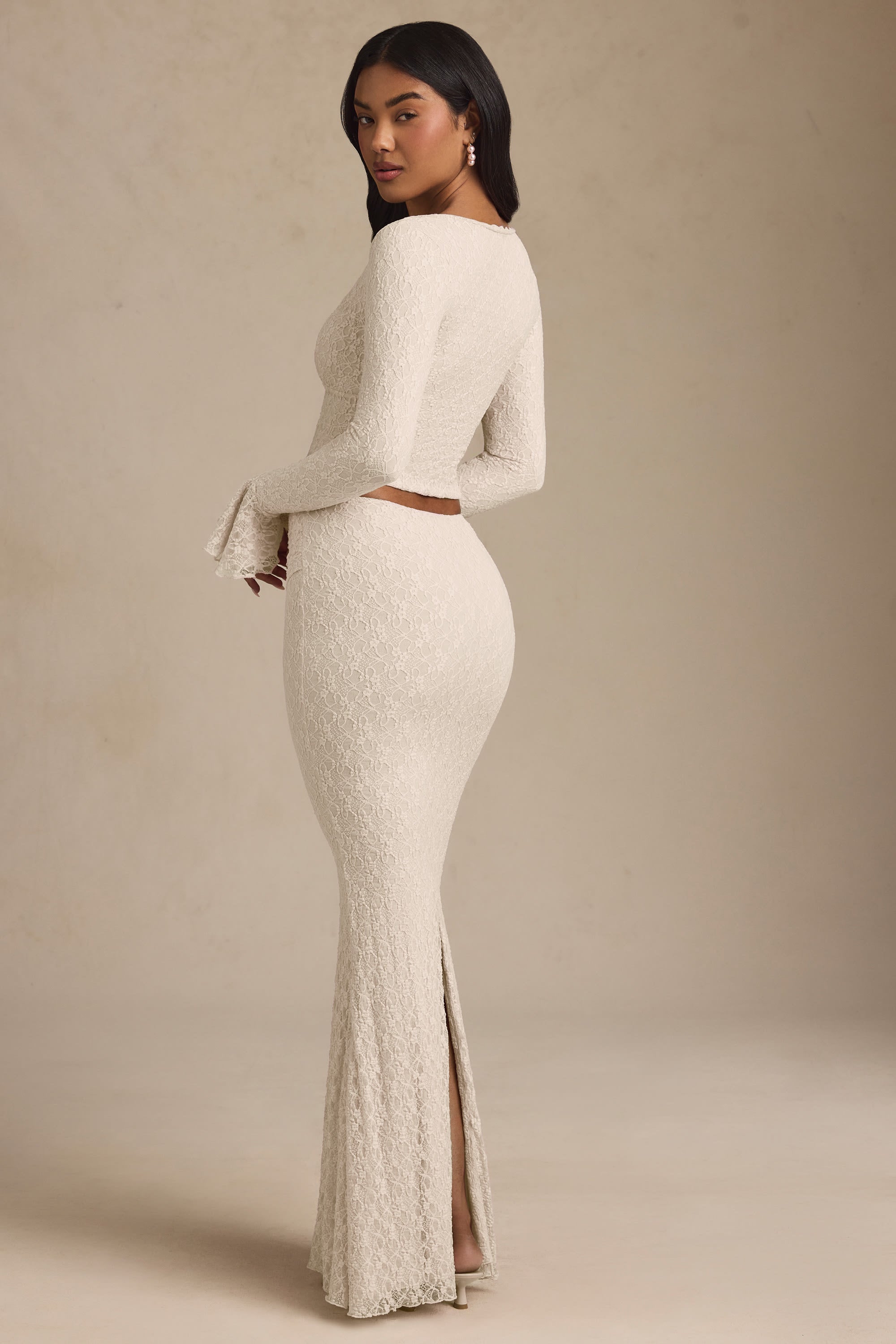 Vanda Draped Low-Rise Lace Maxi Skirt in Ivory - Image 2
