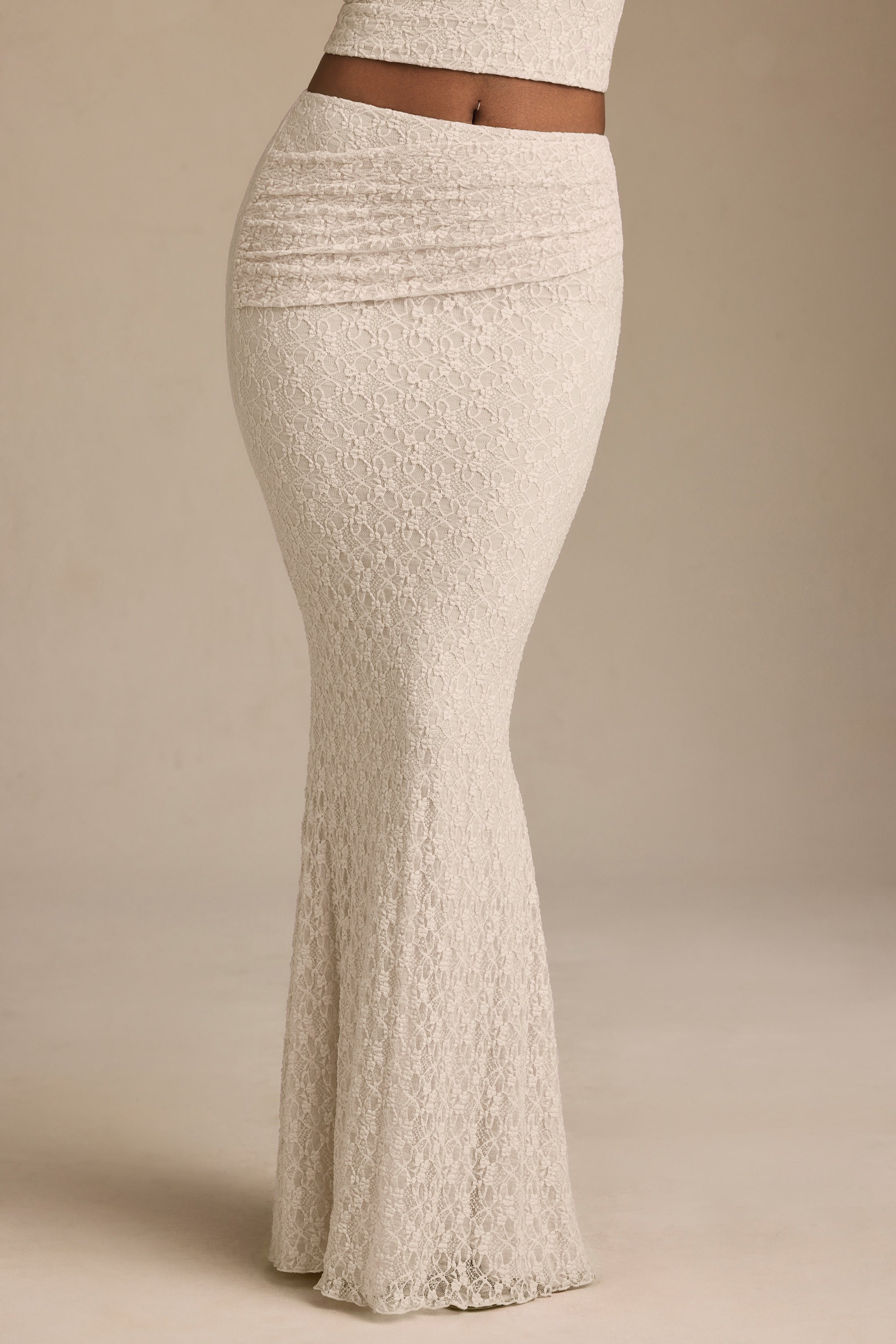 Vanda Draped Low-Rise Lace Maxi Skirt in Ivory - Image 4