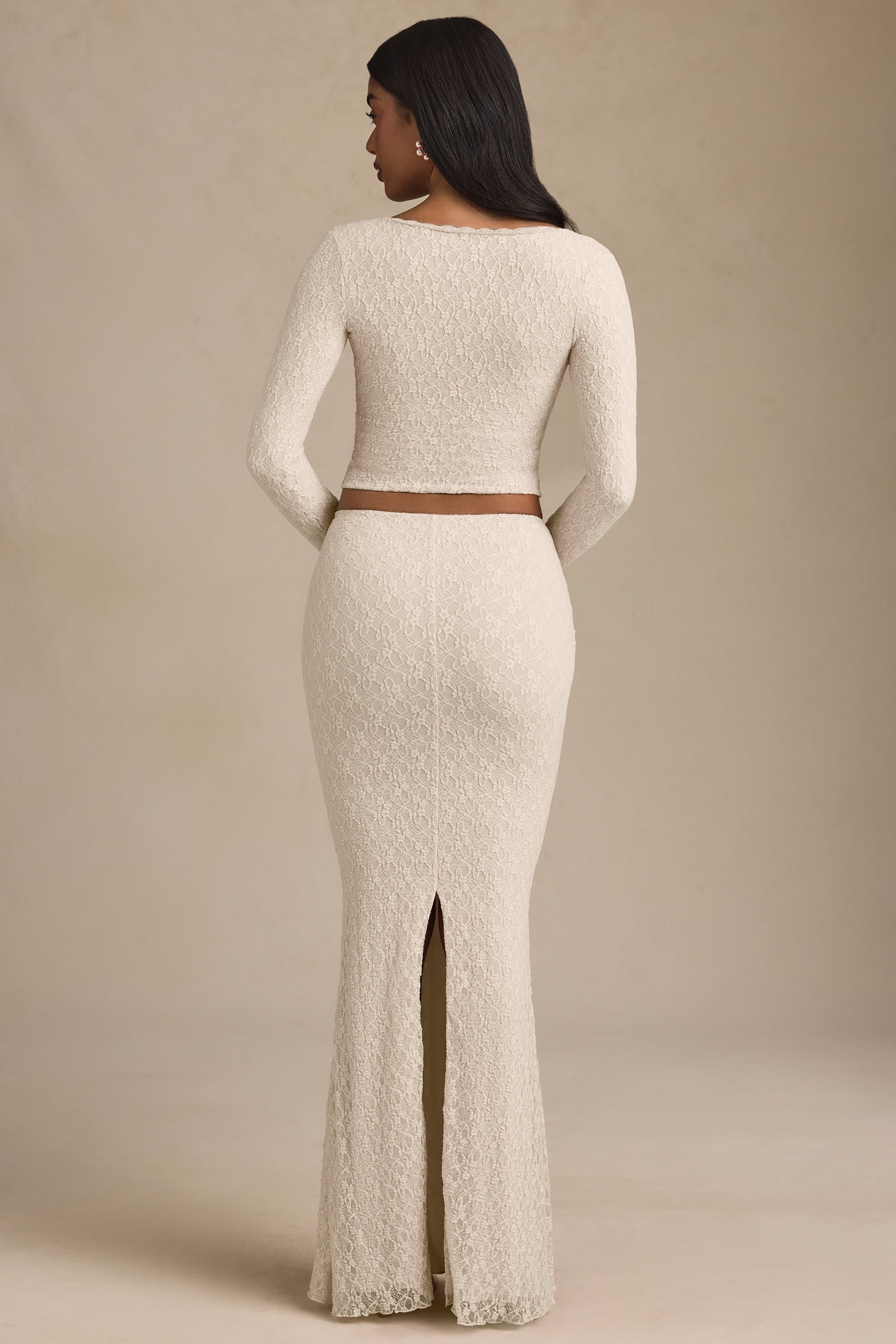 Vanda Draped Low-Rise Lace Maxi Skirt in Ivory - Image 5