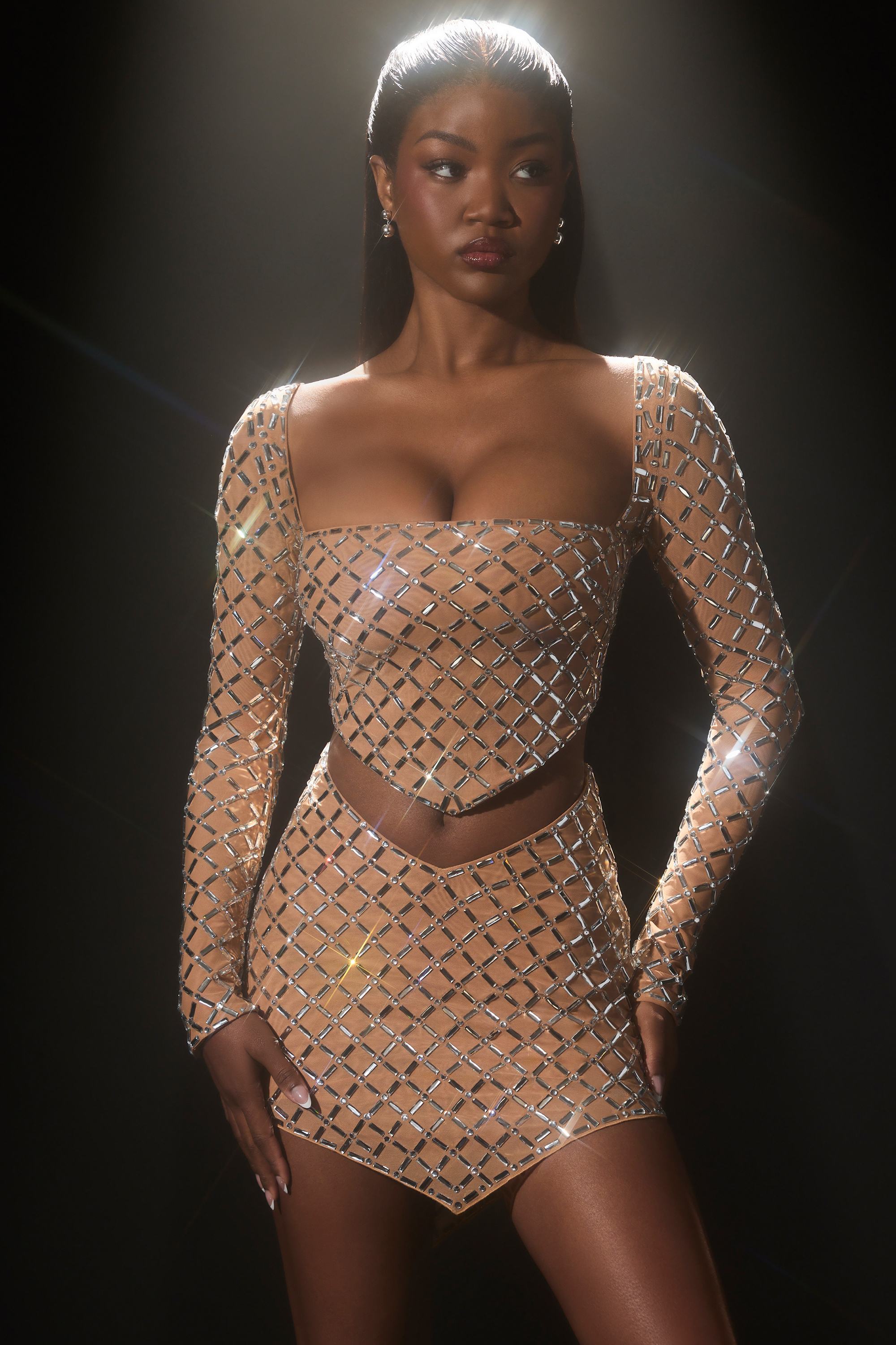 Veah Embellished Asymmetric Mid-Rise Mini Skirt in Almond - Image 8