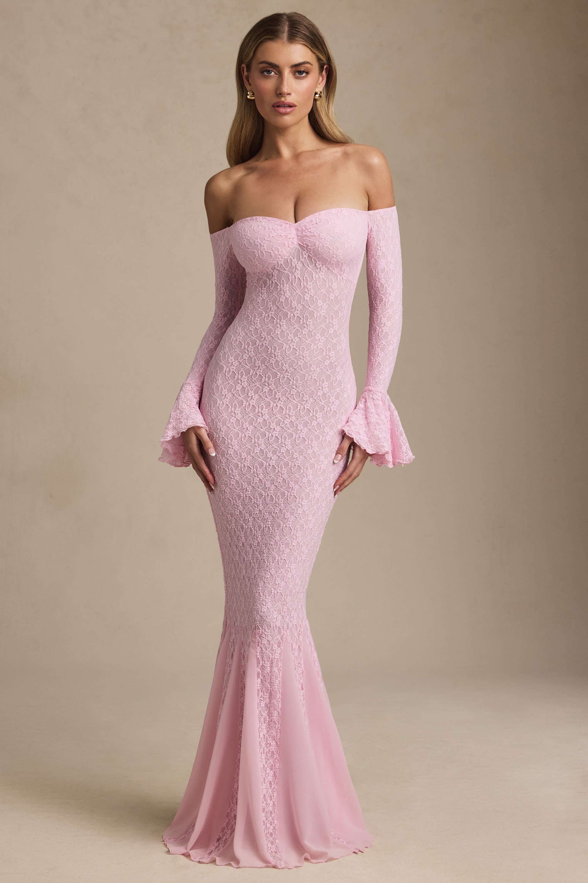 Verena Off-Shoulder Ruffle Lace Maxi Dress in Soft Pink