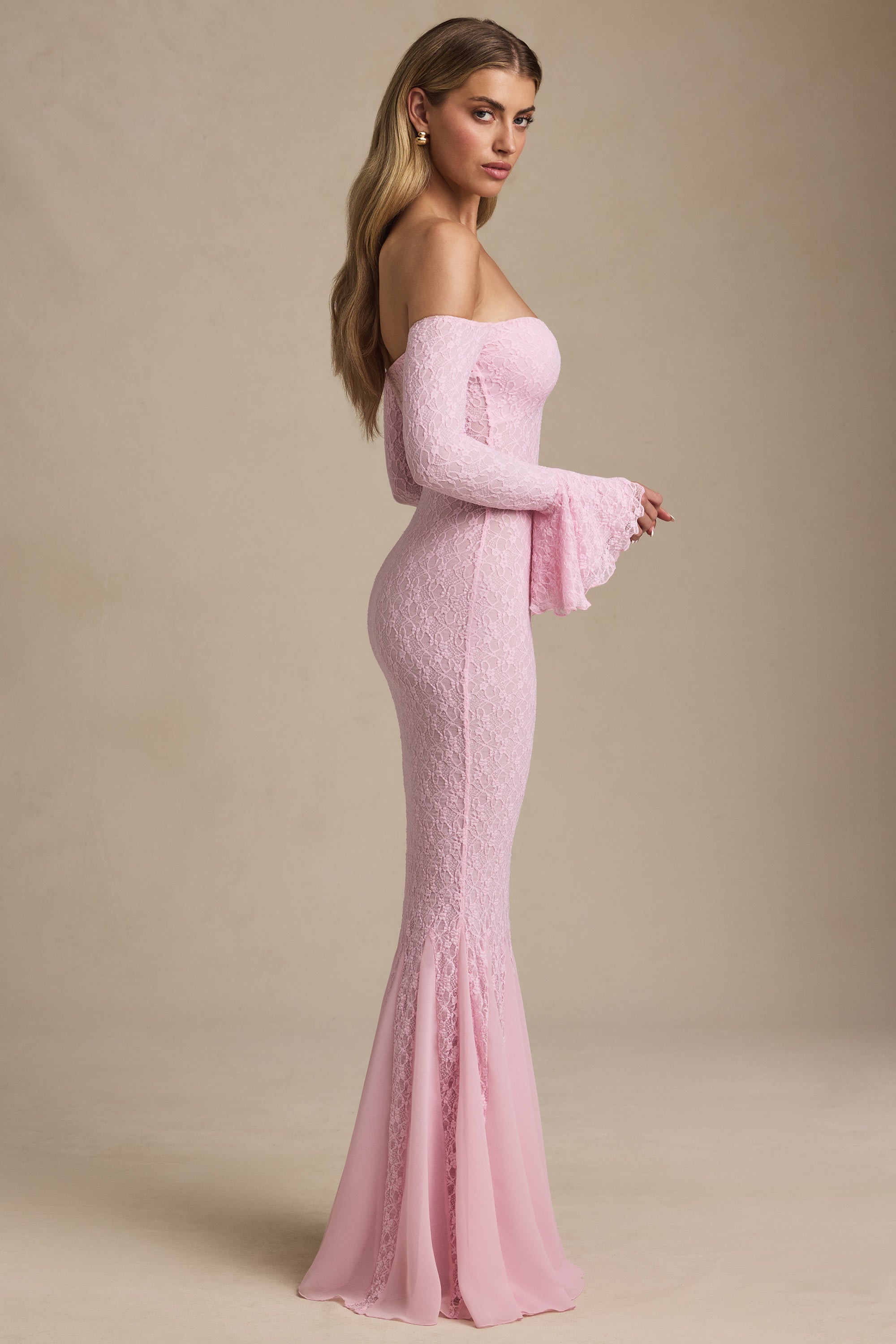 Verena Off-Shoulder Ruffle Lace Maxi Dress in Soft Pink - Image 3