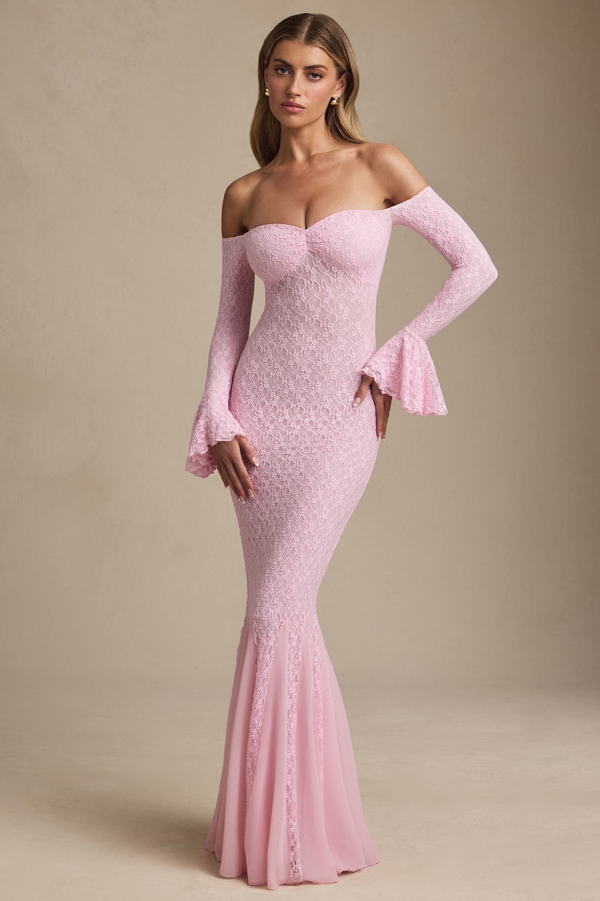Verena Off-Shoulder Ruffle Lace Maxi Dress in Soft Pink - Image 5