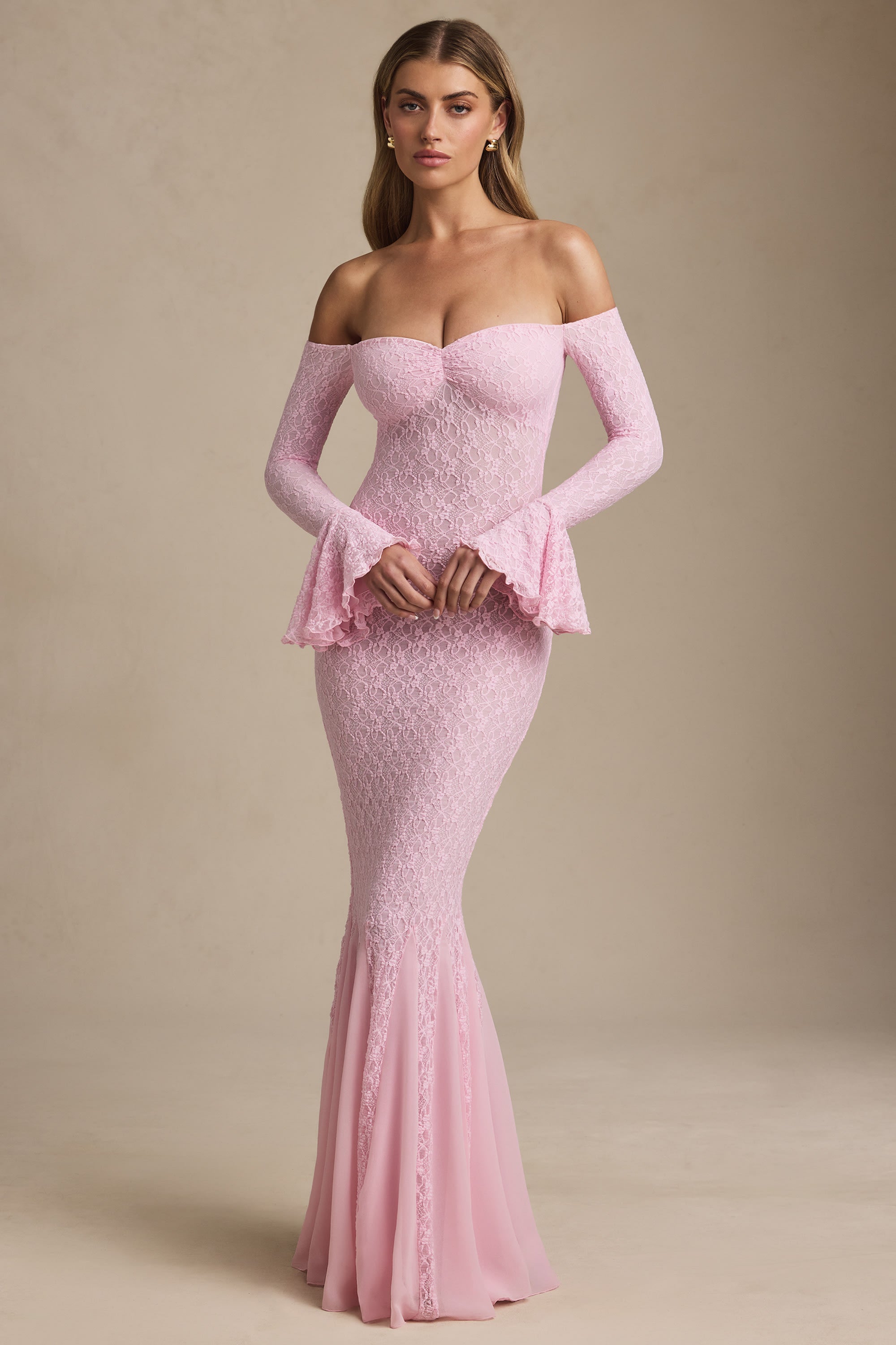 Verena Off-Shoulder Ruffle Lace Maxi Dress in Soft Pink - Image 6