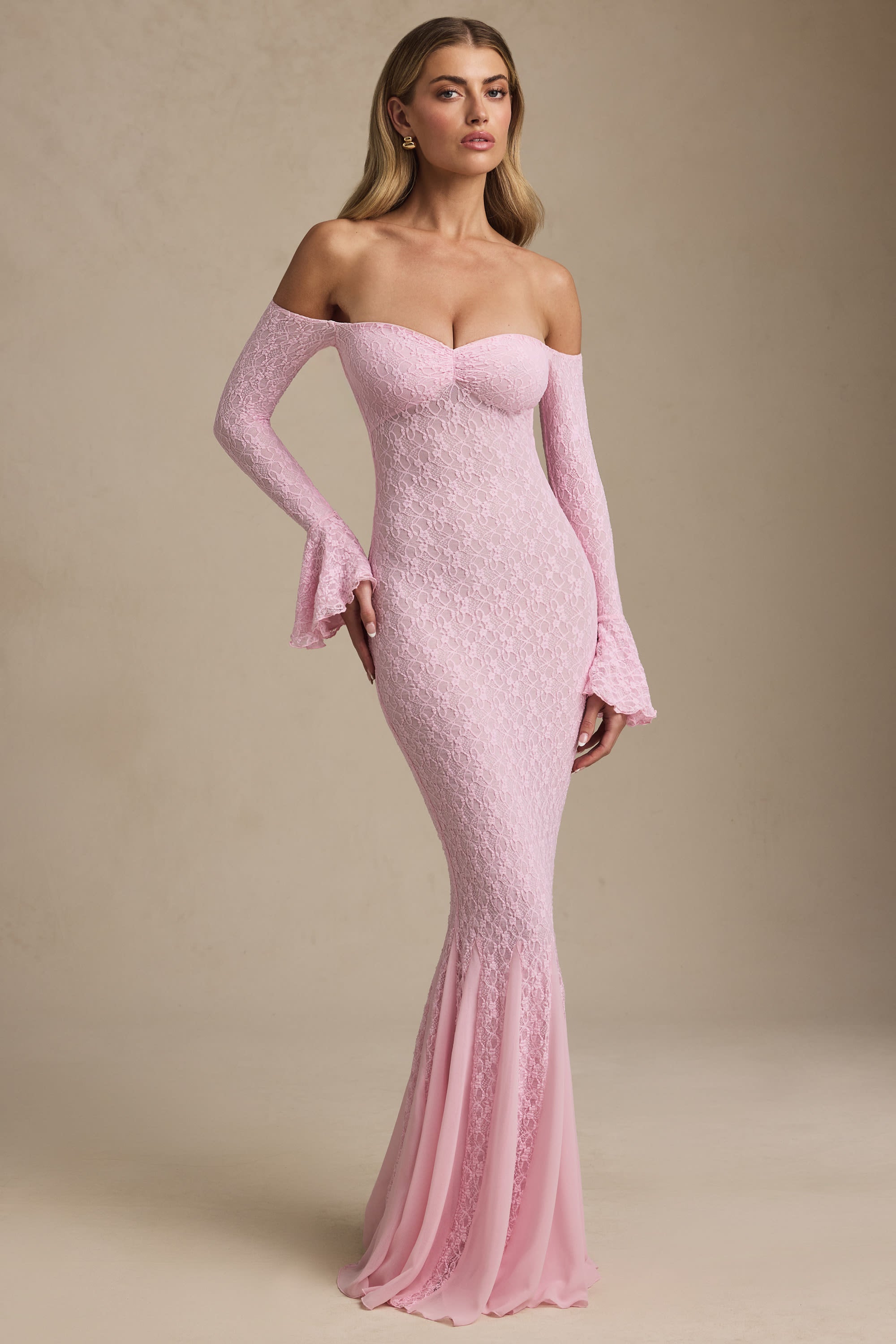 Verena Off-Shoulder Ruffle Lace Maxi Dress in Soft Pink - Image 7