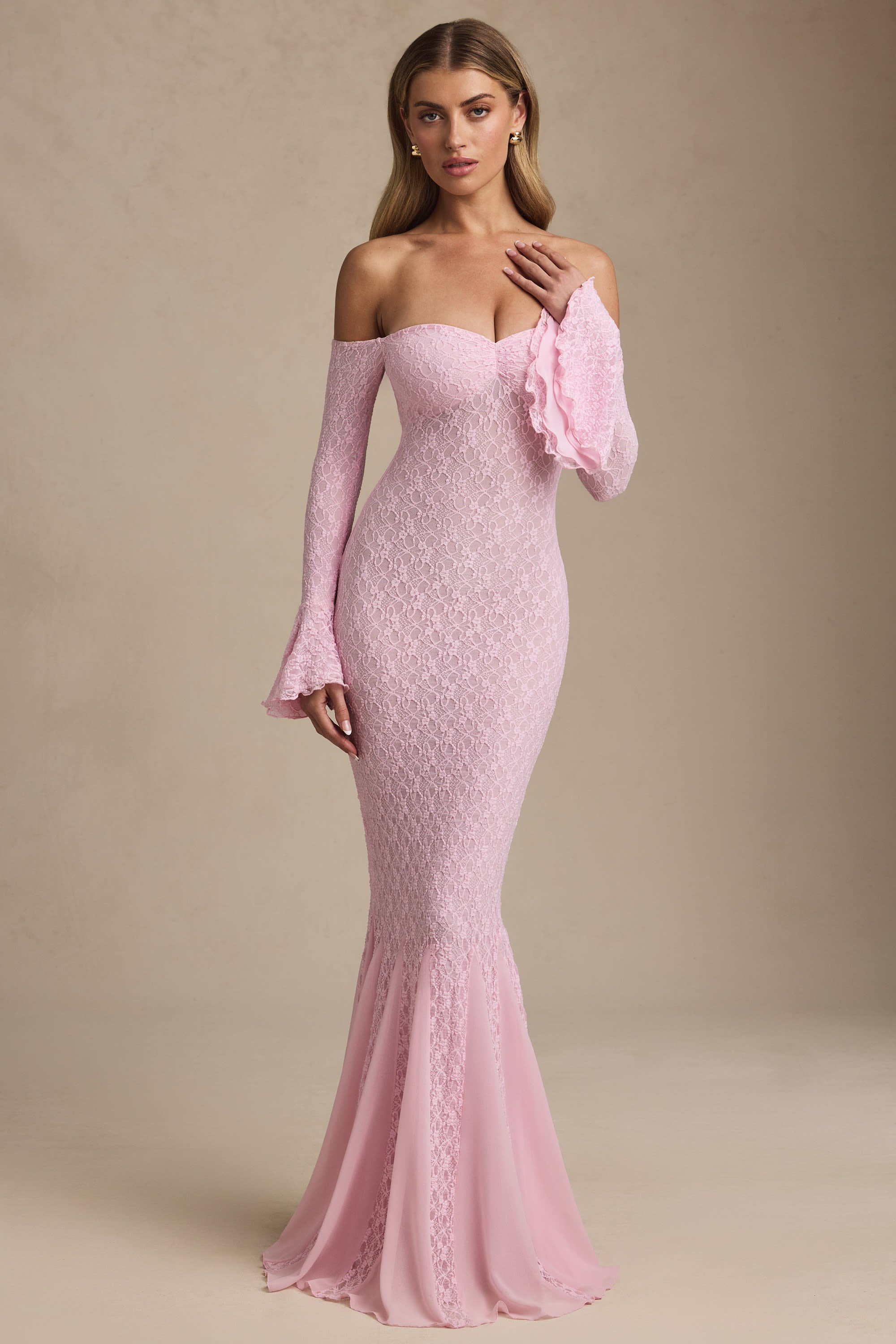 Verena Off-Shoulder Ruffle Lace Maxi Dress in Soft Pink - Image 8