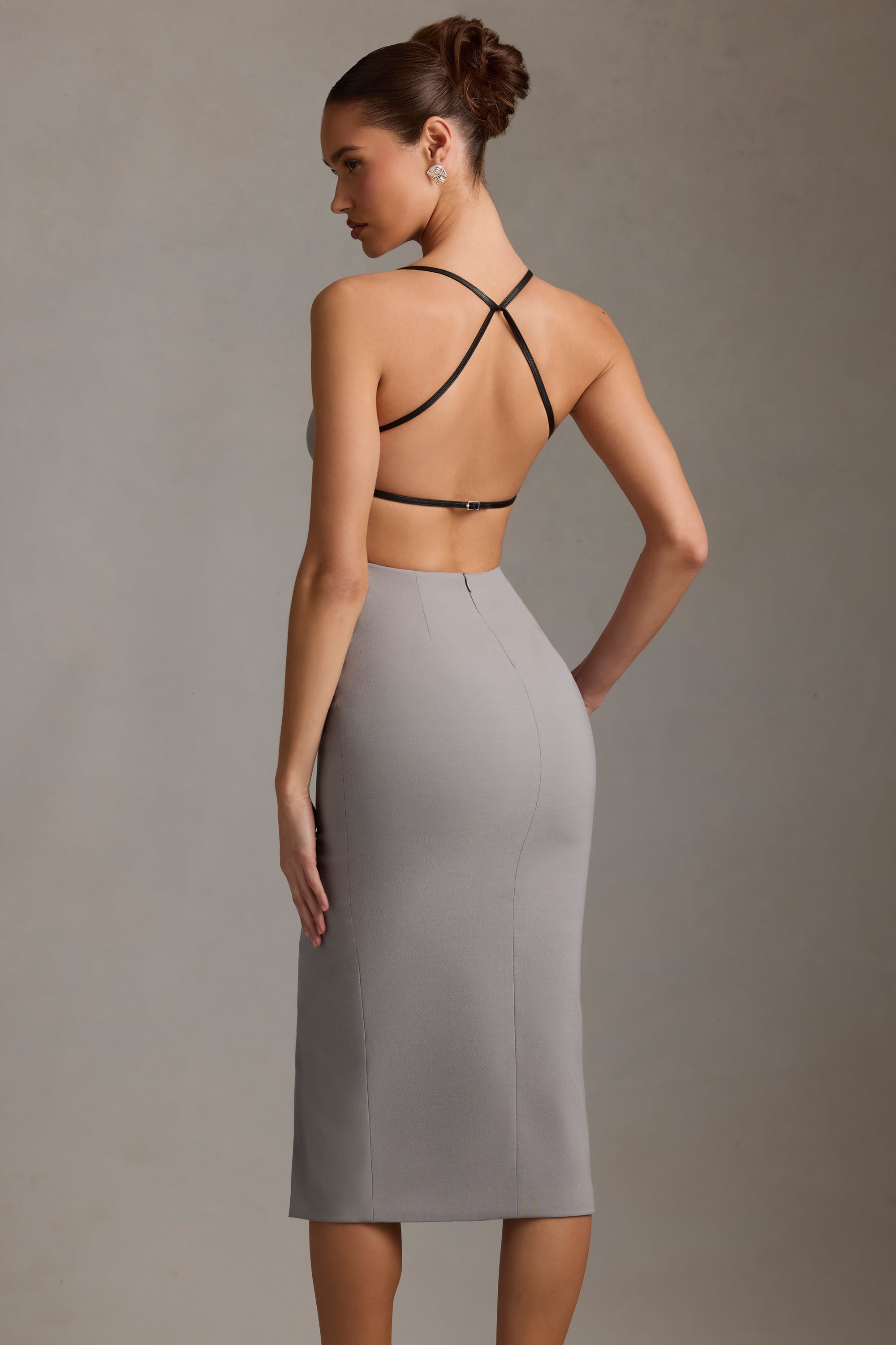Veronique Plunge-Neck Backless Midaxi Dress in Grey - Image 2
