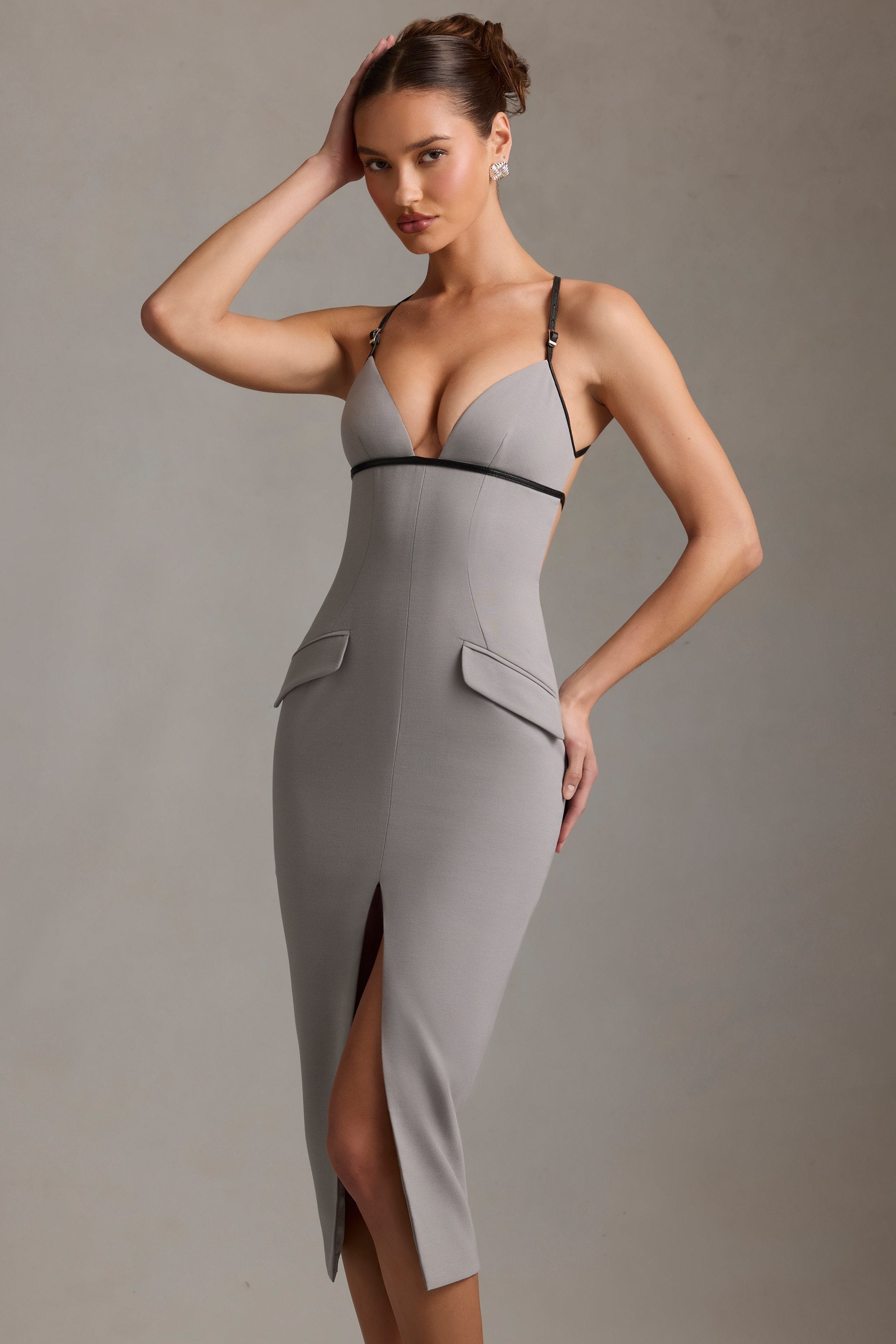 Veronique Plunge-Neck Backless Midaxi Dress in Grey - Image 7