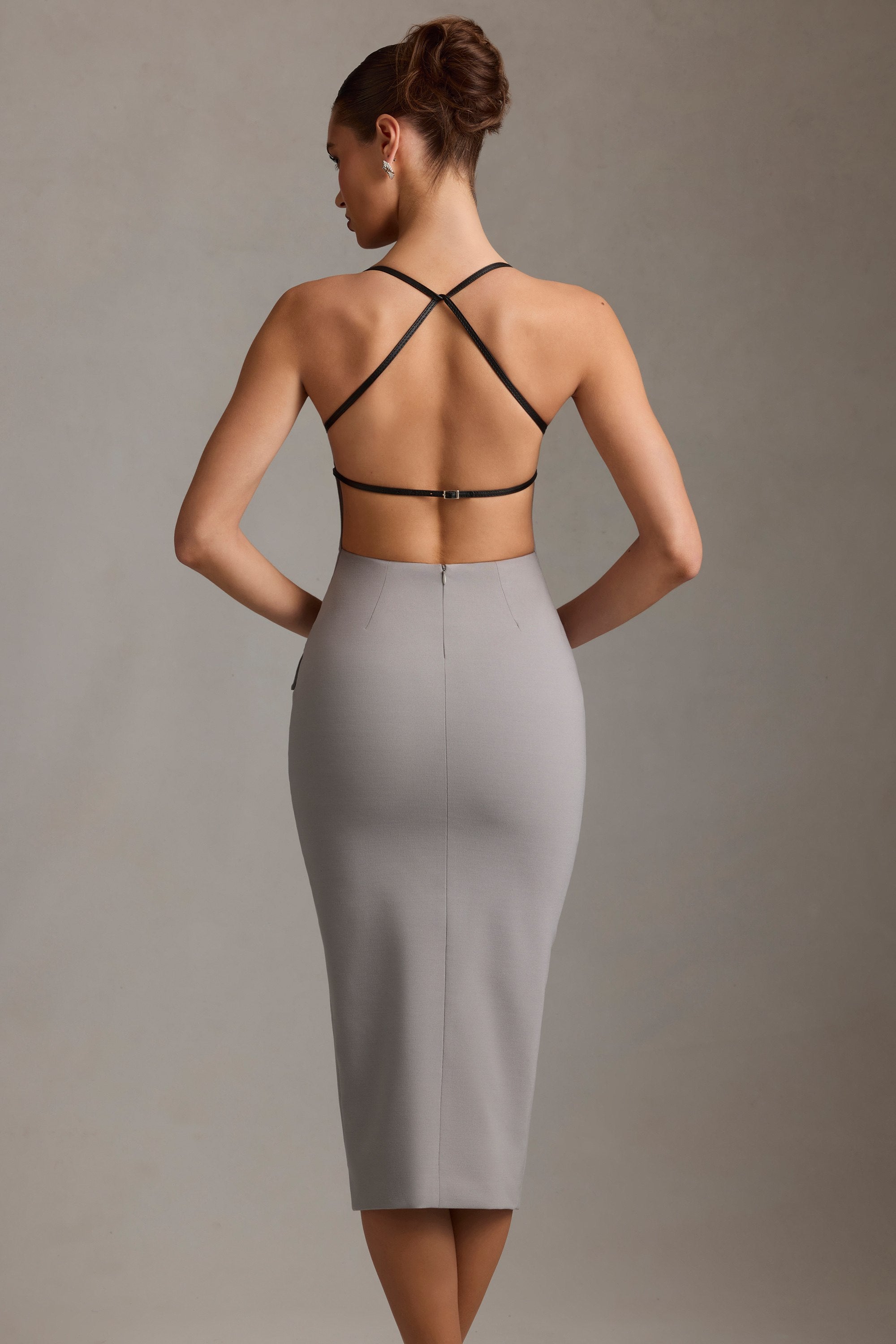 Veronique Plunge-Neck Backless Midaxi Dress in Grey - Image 8