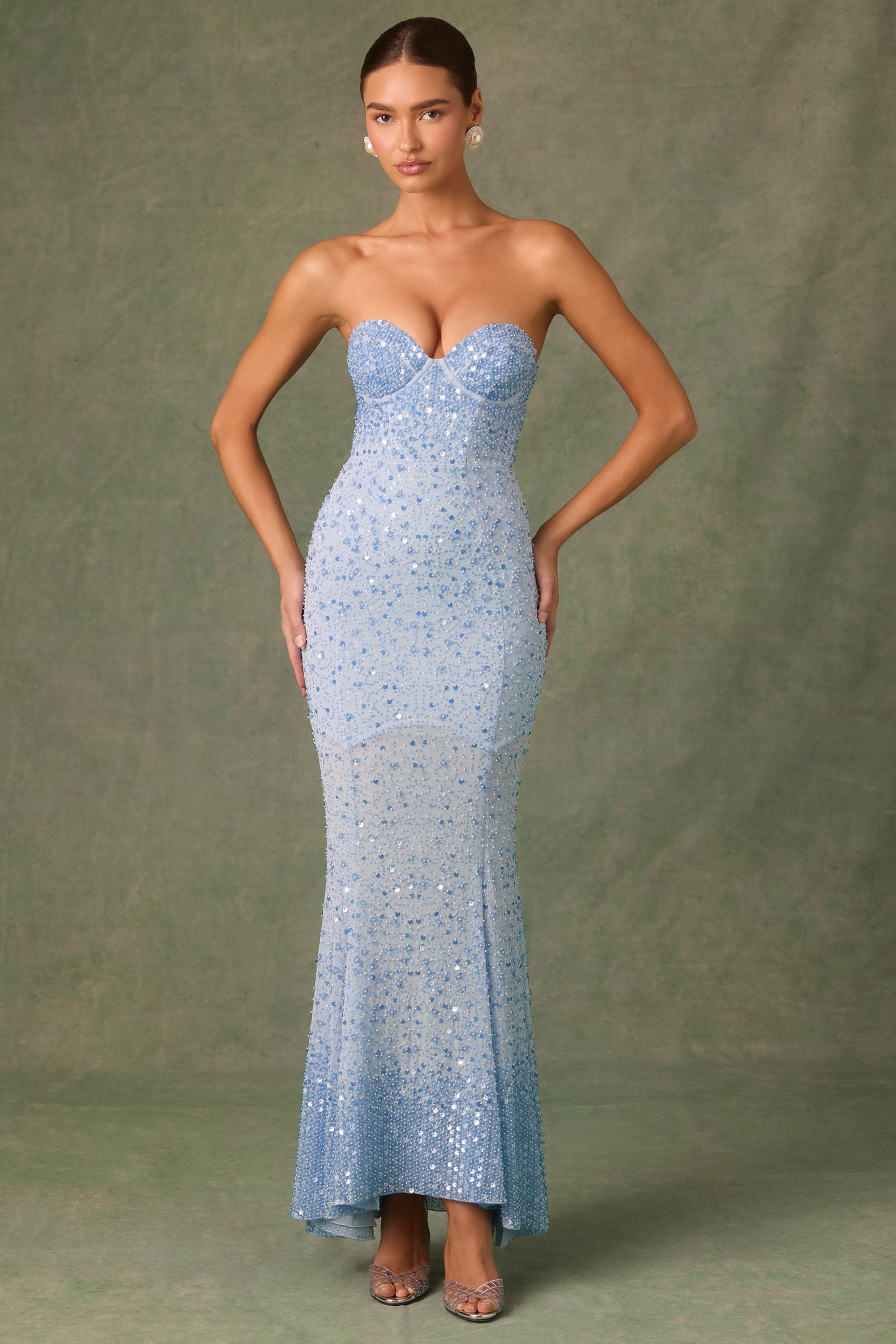 Vesna Embellished Sweetheart-Neck Fishtail Gown in Sky Blue