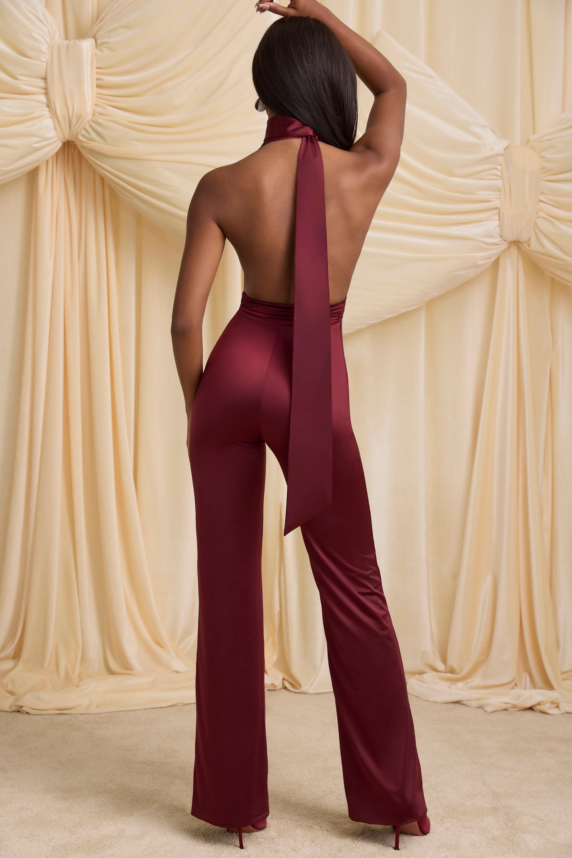 Vivianne Scarf-Detail Halterneck Jumpsuit in Wine Red - Image 2