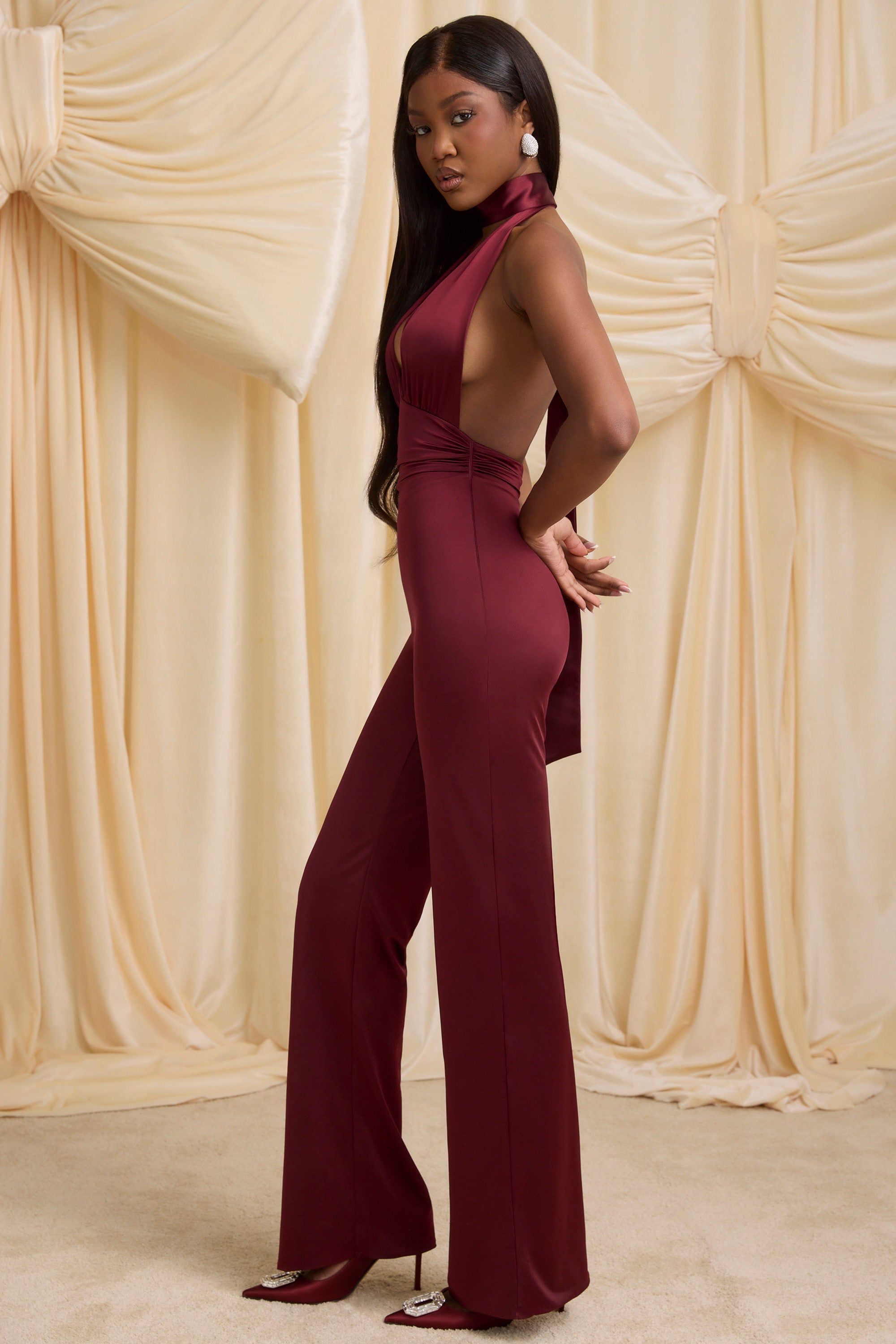 Vivianne Scarf-Detail Halterneck Jumpsuit in Wine Red - Image 3