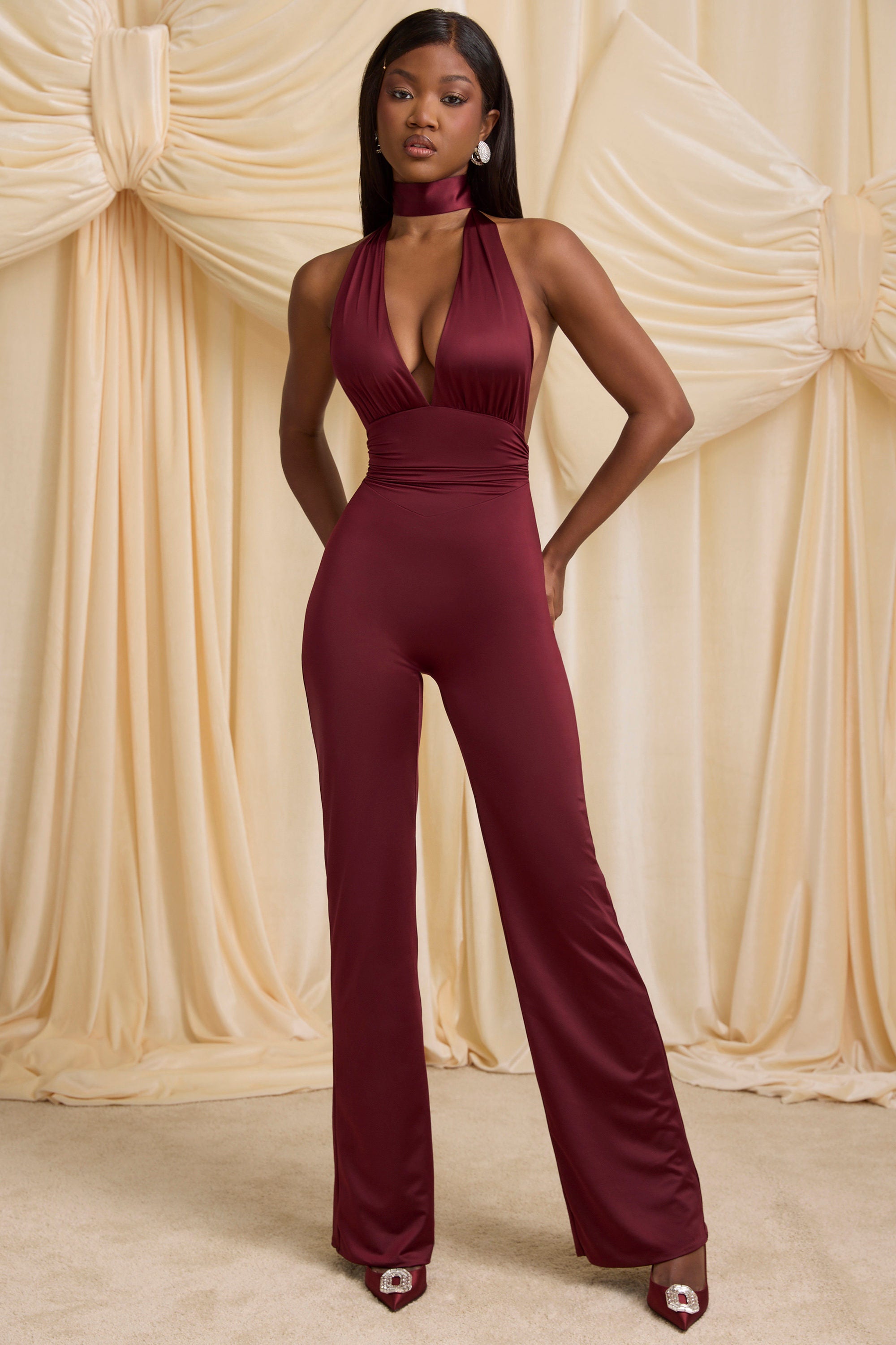 Vivianne Scarf-Detail Halterneck Jumpsuit in Wine Red - Image 5