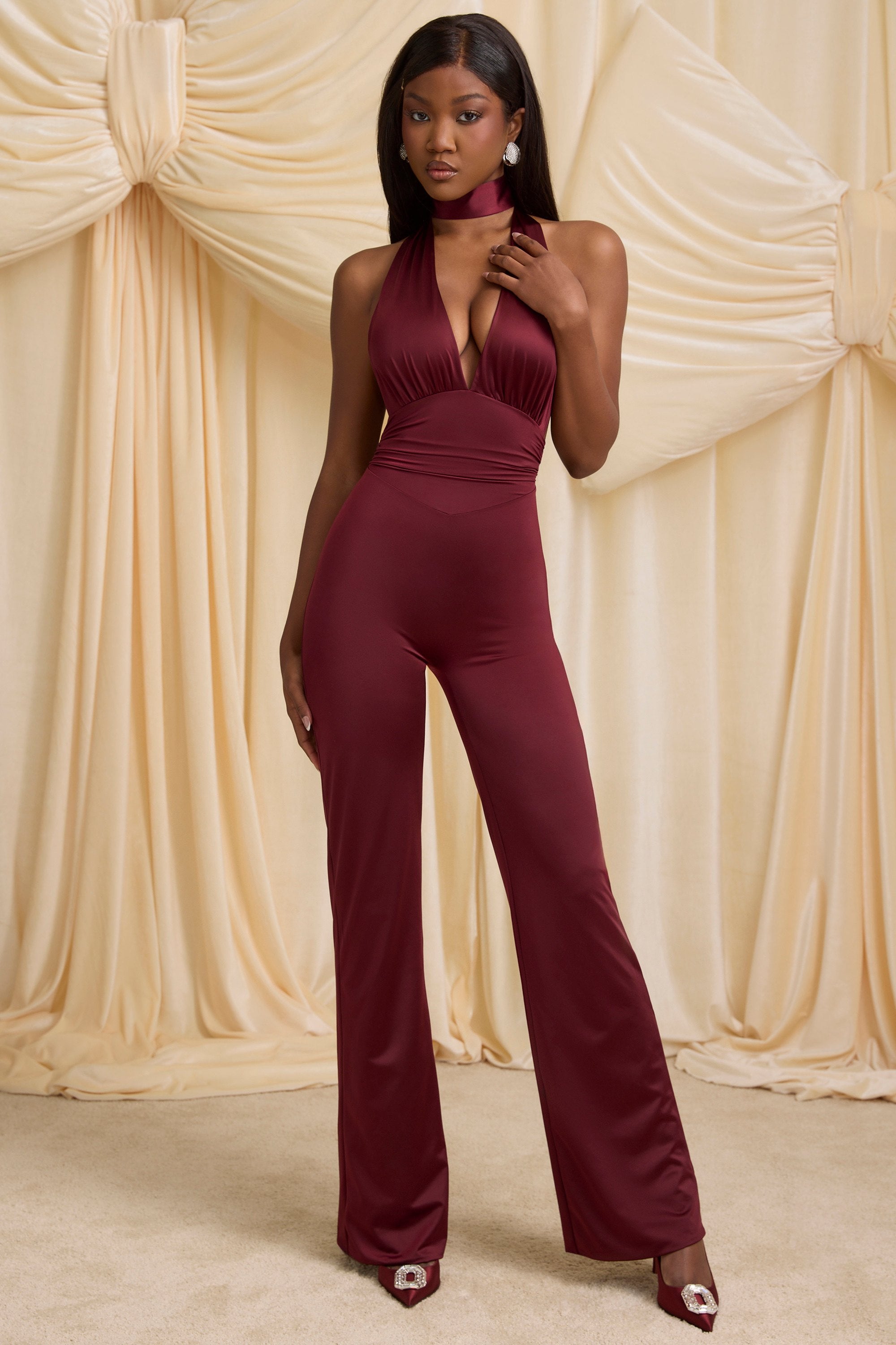 Vivianne Scarf-Detail Halterneck Jumpsuit in Wine Red - Image 6