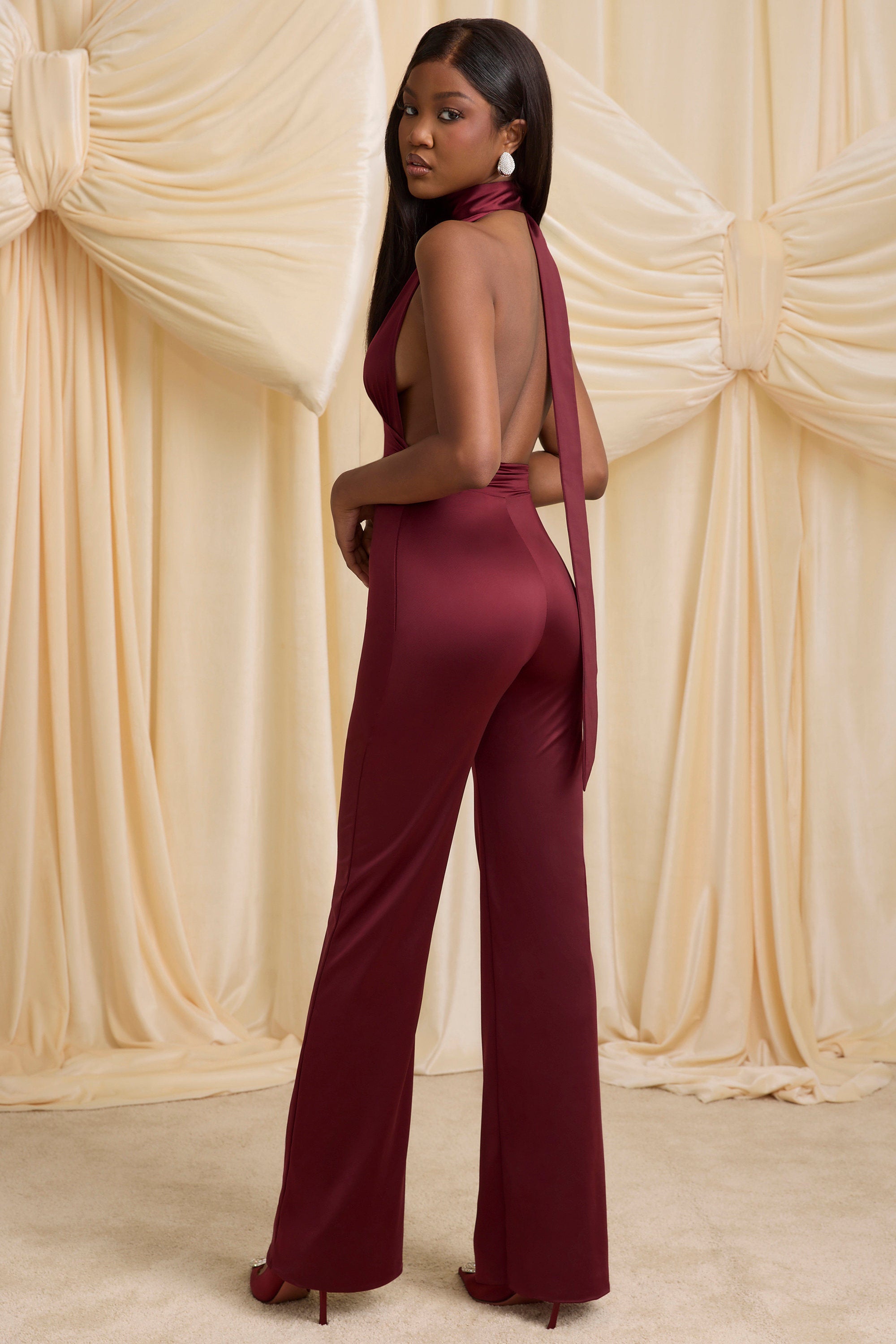 Vivianne Scarf-Detail Halterneck Jumpsuit in Wine Red - Image 8
