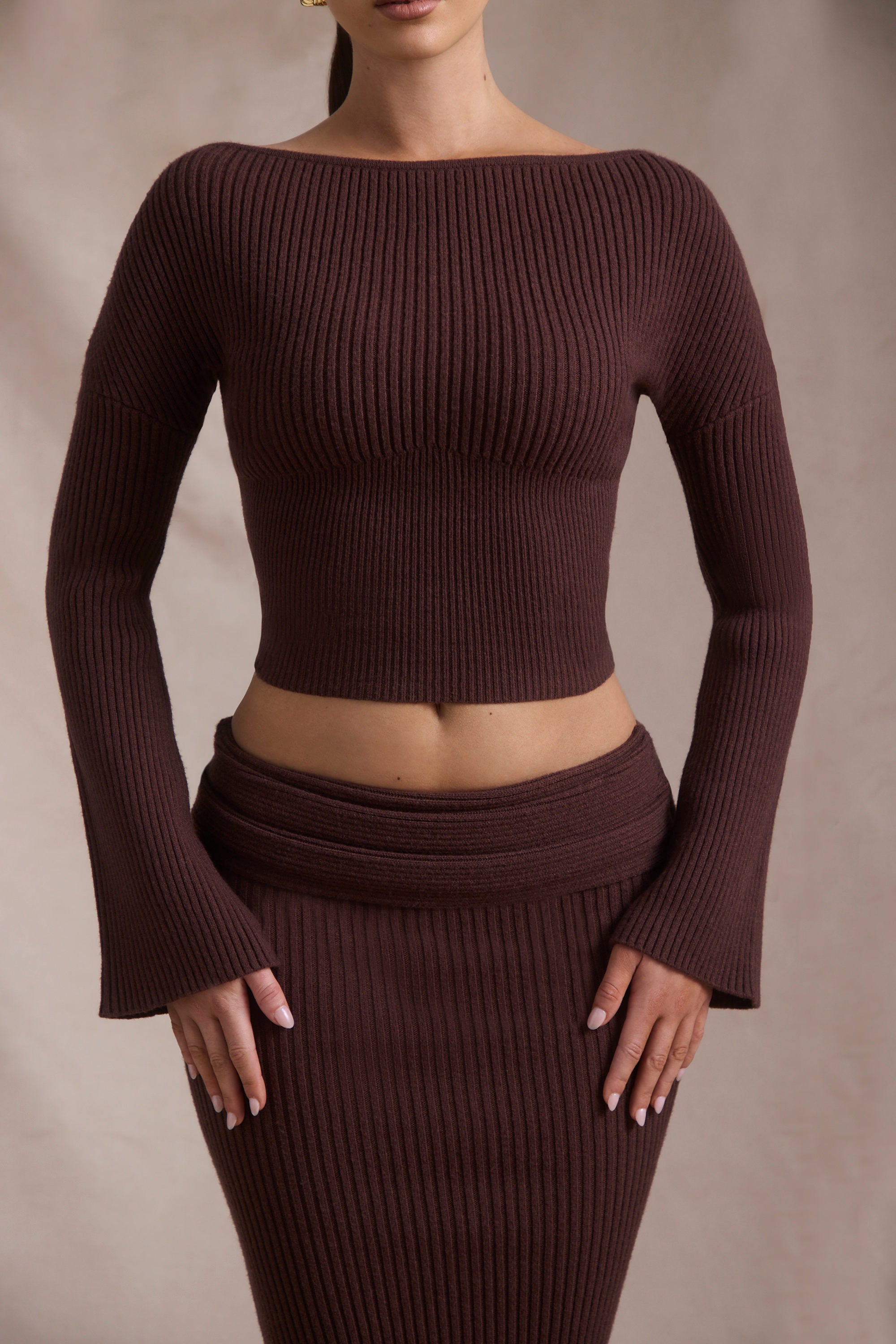 Wilona Ribbed-Knit Slash-Neck Top in Espresso - Image 4