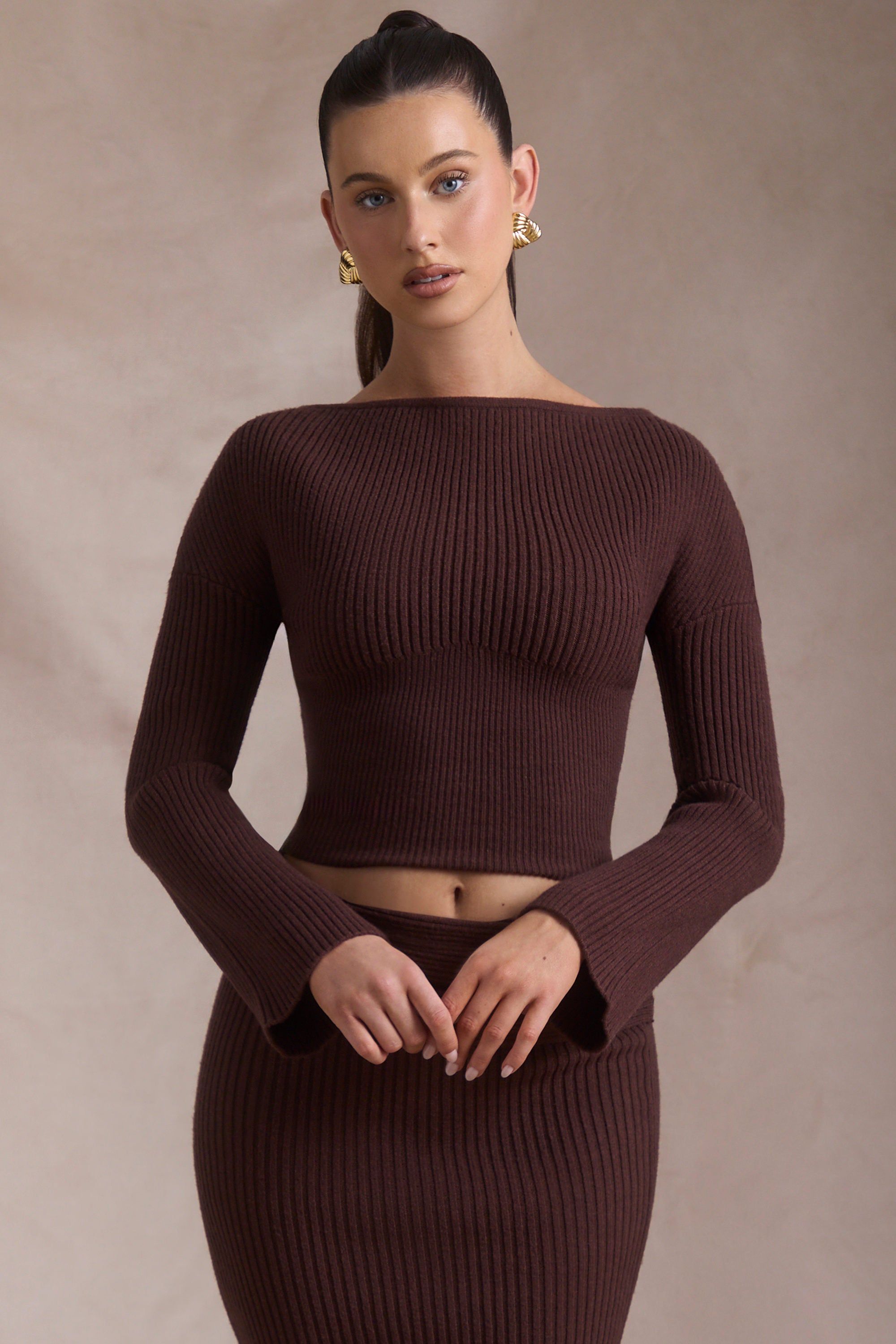 Wilona Ribbed-Knit Slash-Neck Top in Espresso - Image 5