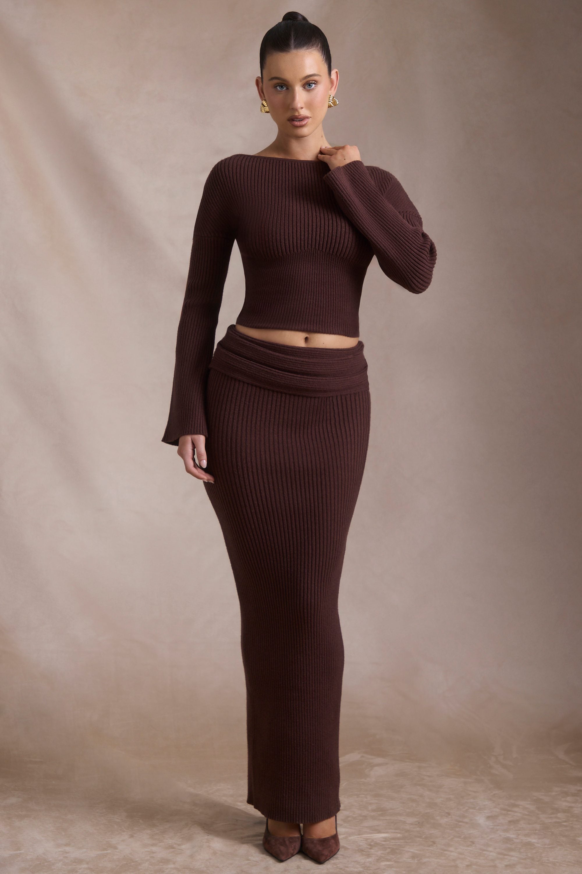 Wilona Ribbed-Knit Slash-Neck Top in Espresso - Image 6