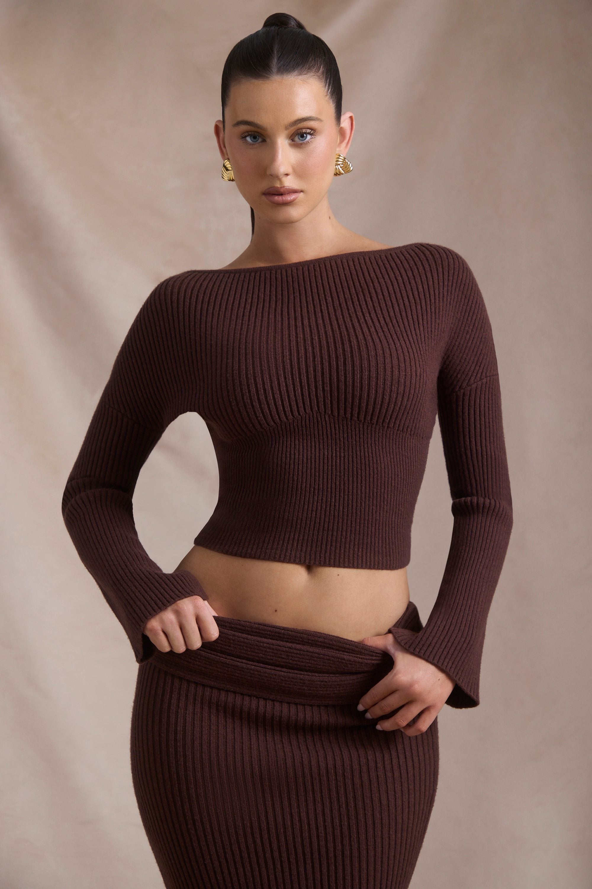 Wilona Ribbed-Knit Slash-Neck Top in Espresso - Image 7