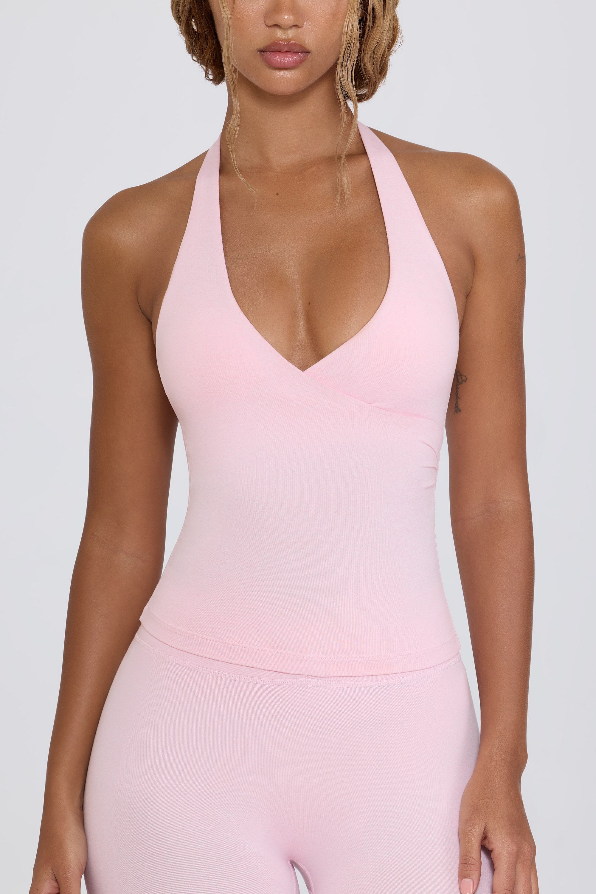 Wrap Halterneck Tank Top in Pale Pink Marl - Image 4