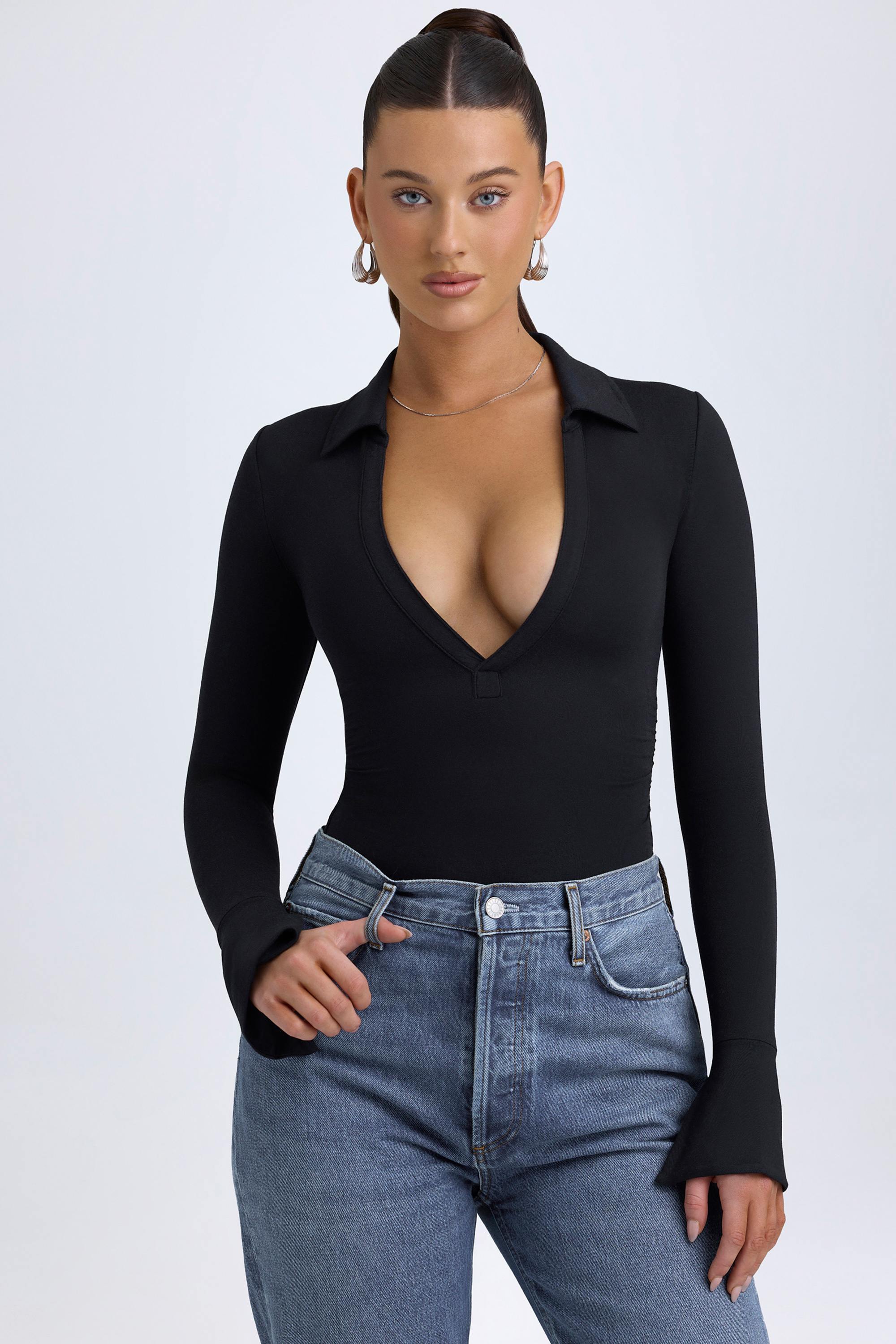 Yanna Modal Plunge V-Neck Bodysuit in Black