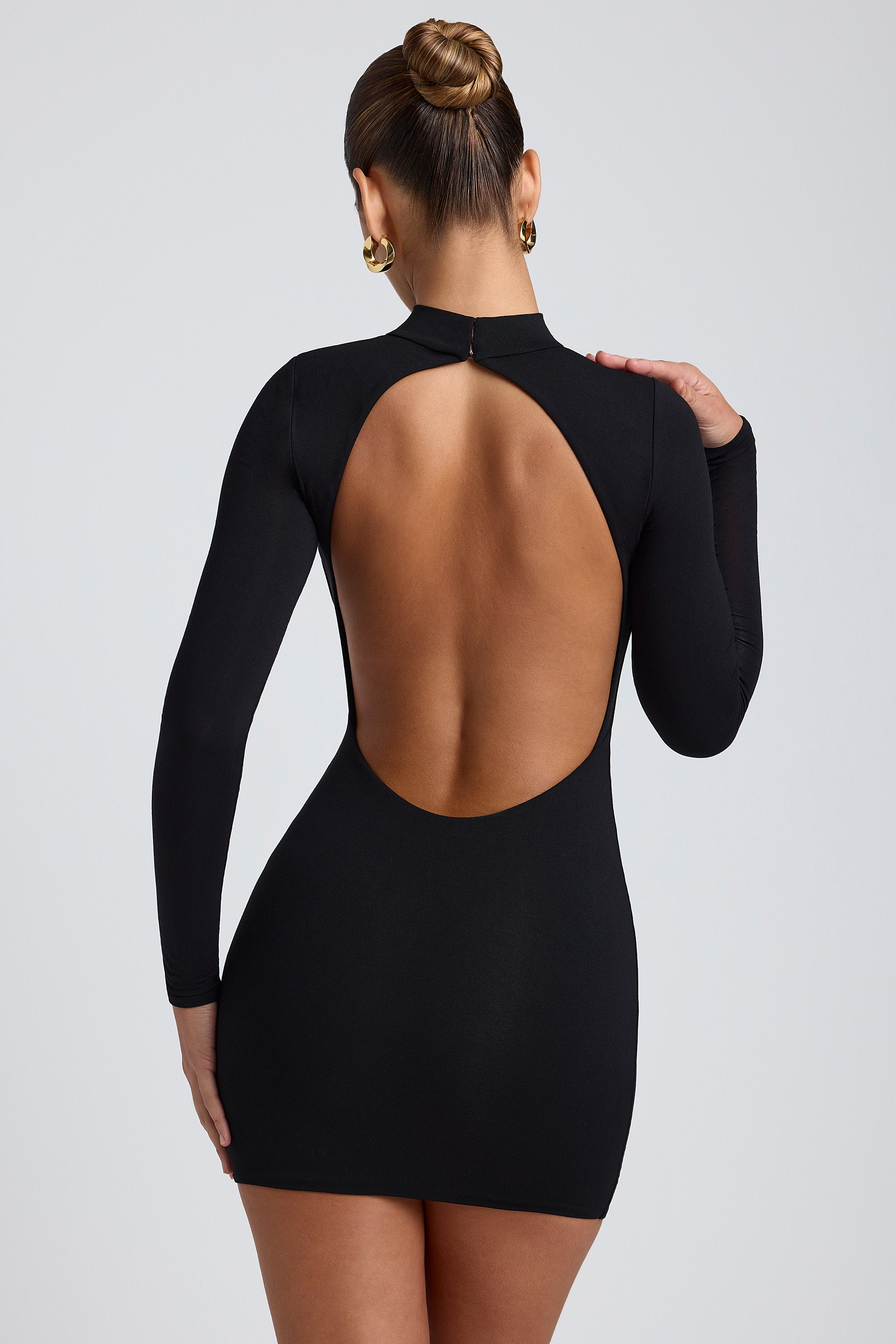 Yara Open-Back Long-Sleeve Mini Dress in Black