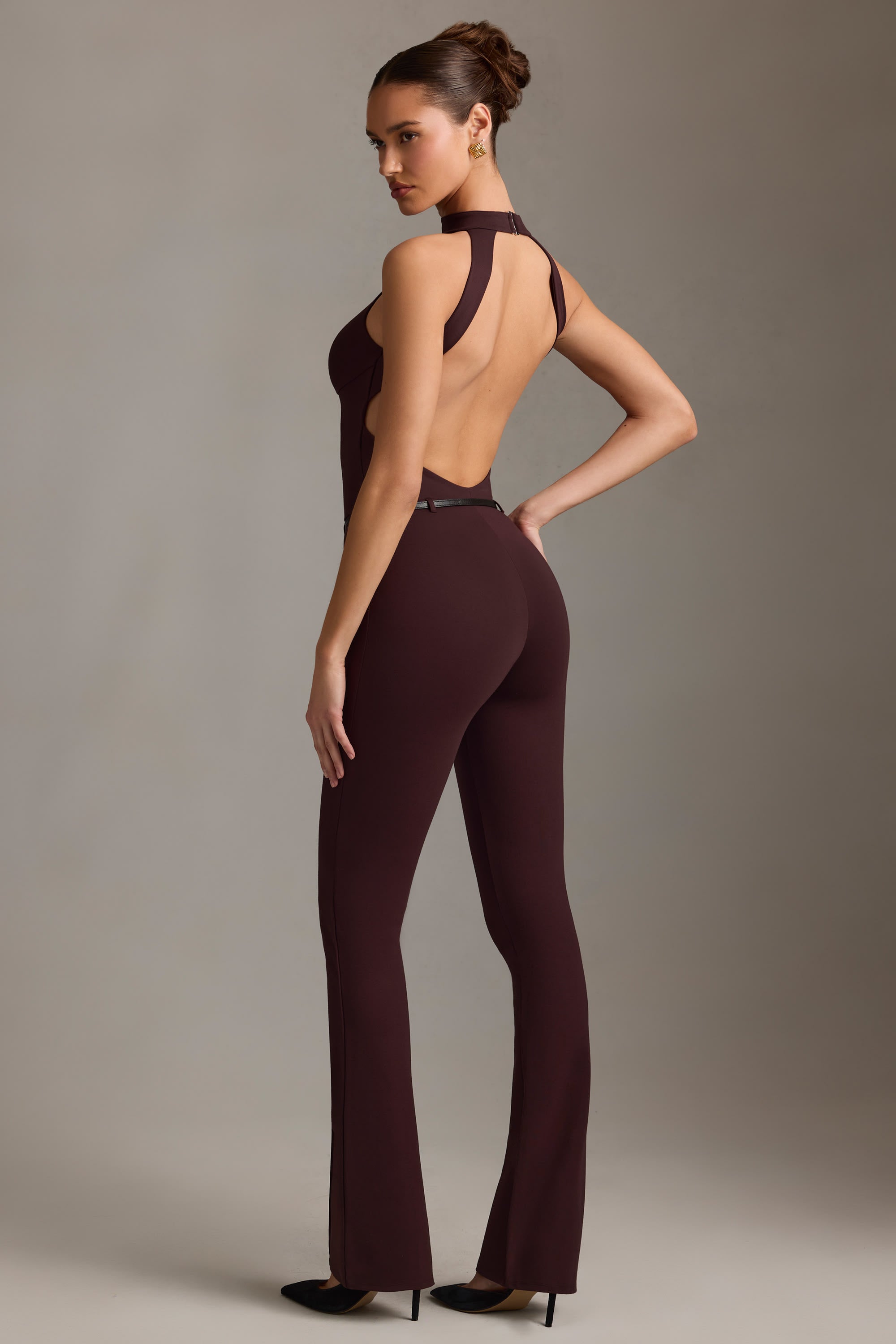 Zaraida Backless Turtleneck Jumpsuit in Chocolate Brown - Image 2